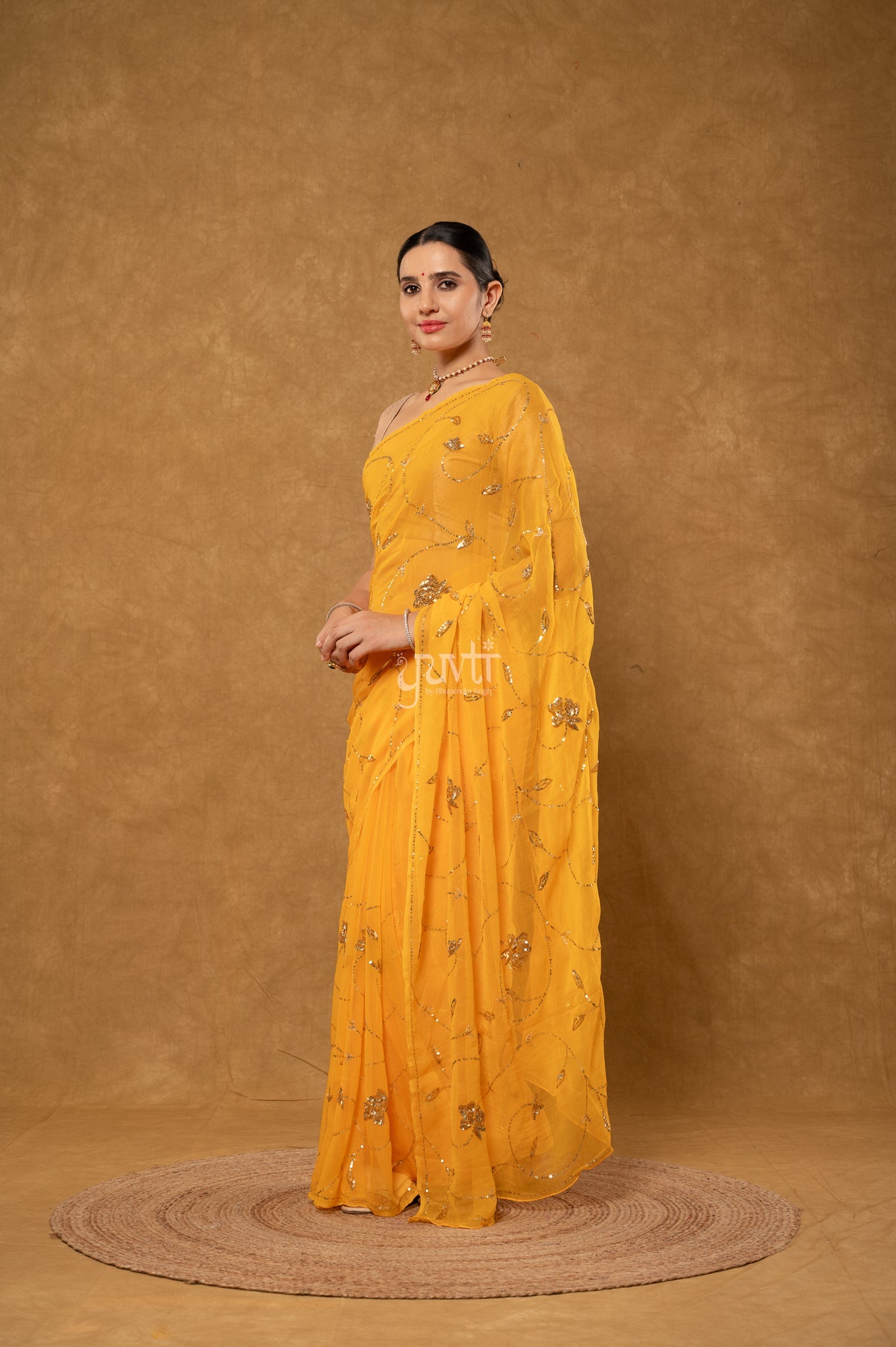 Yellow Viscose Chiffon Sequins Jaal Handwork Party Wear Saree  with Blouse