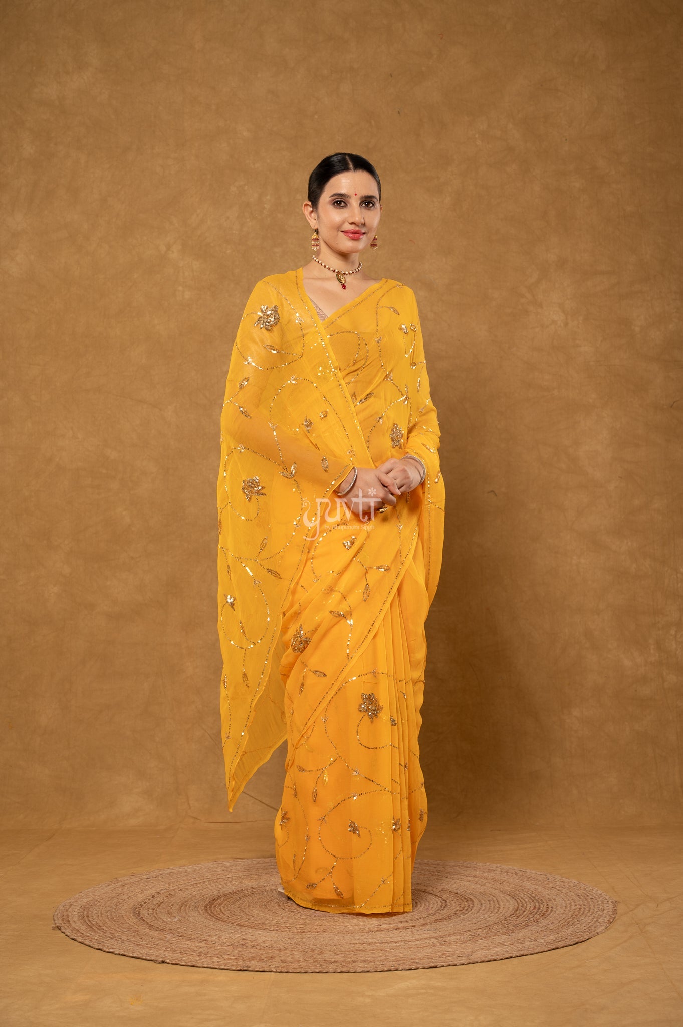 Yellow Viscose Chiffon Sequins Jaal Handwork Party Wear Saree  with Blouse