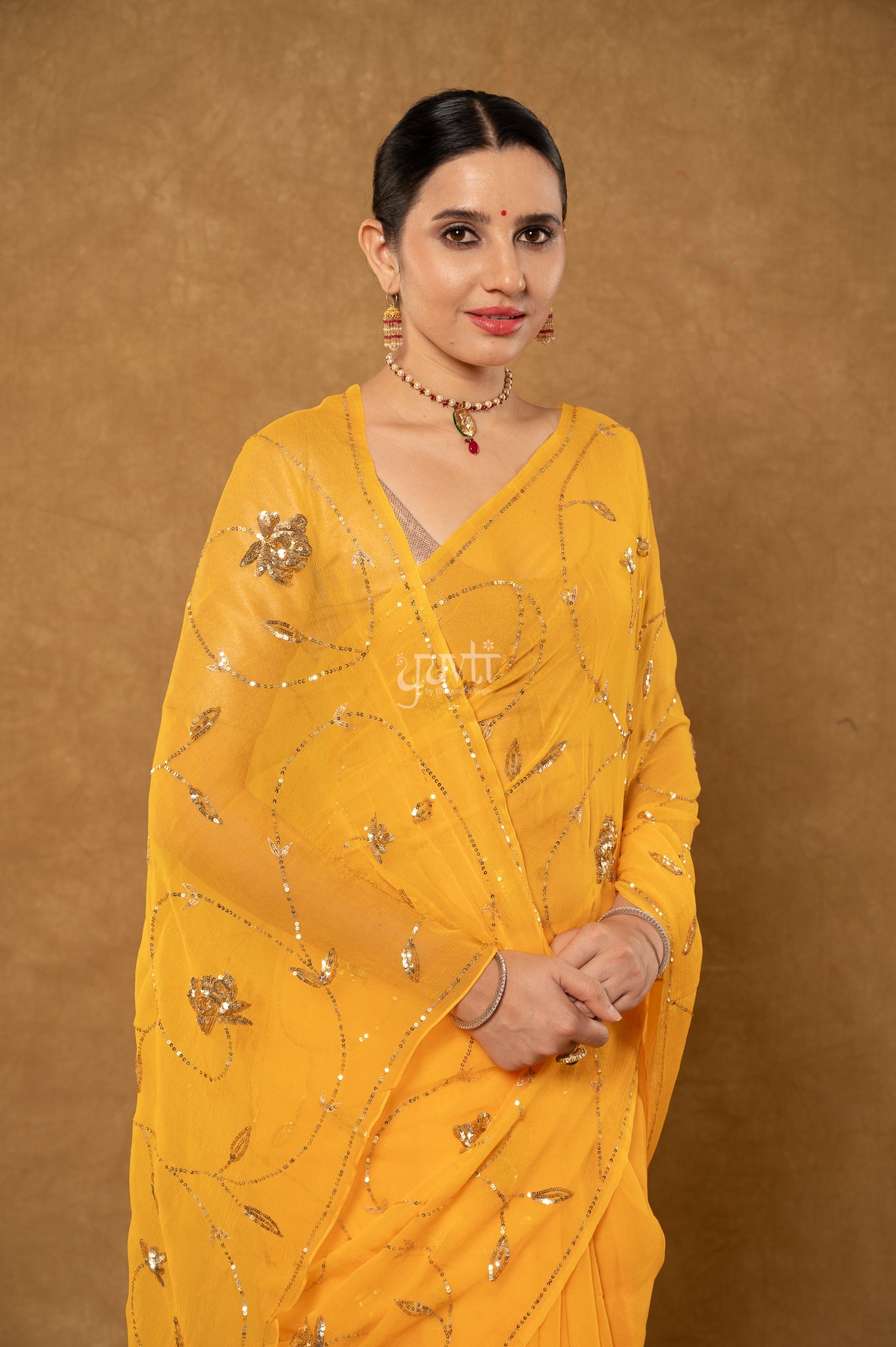 Yellow Viscose Chiffon Sequins Jaal Handwork Party Wear Saree  with Blouse