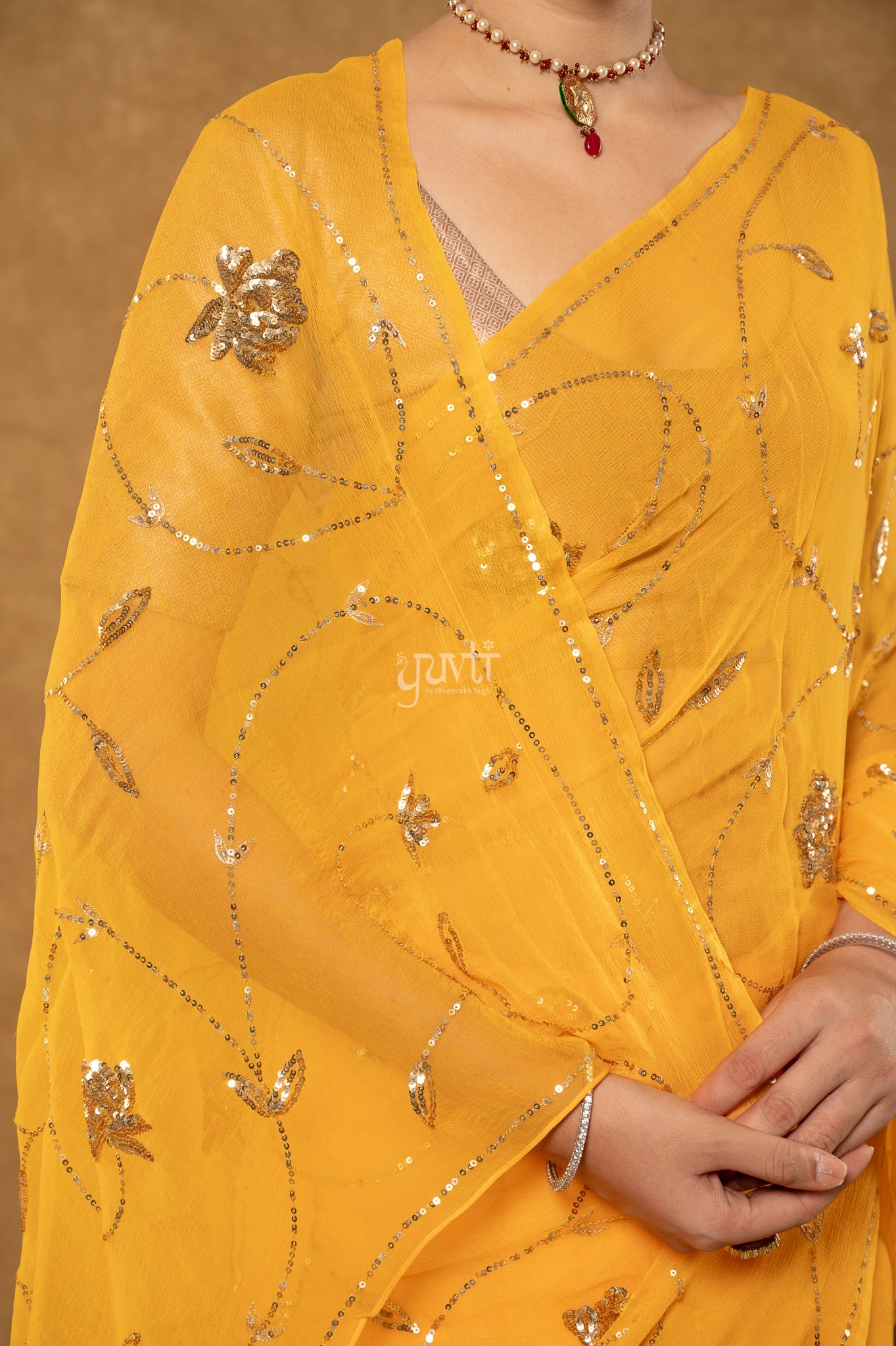 Yellow Viscose Chiffon Sequins Jaal Handwork Party Wear Saree  with Blouse