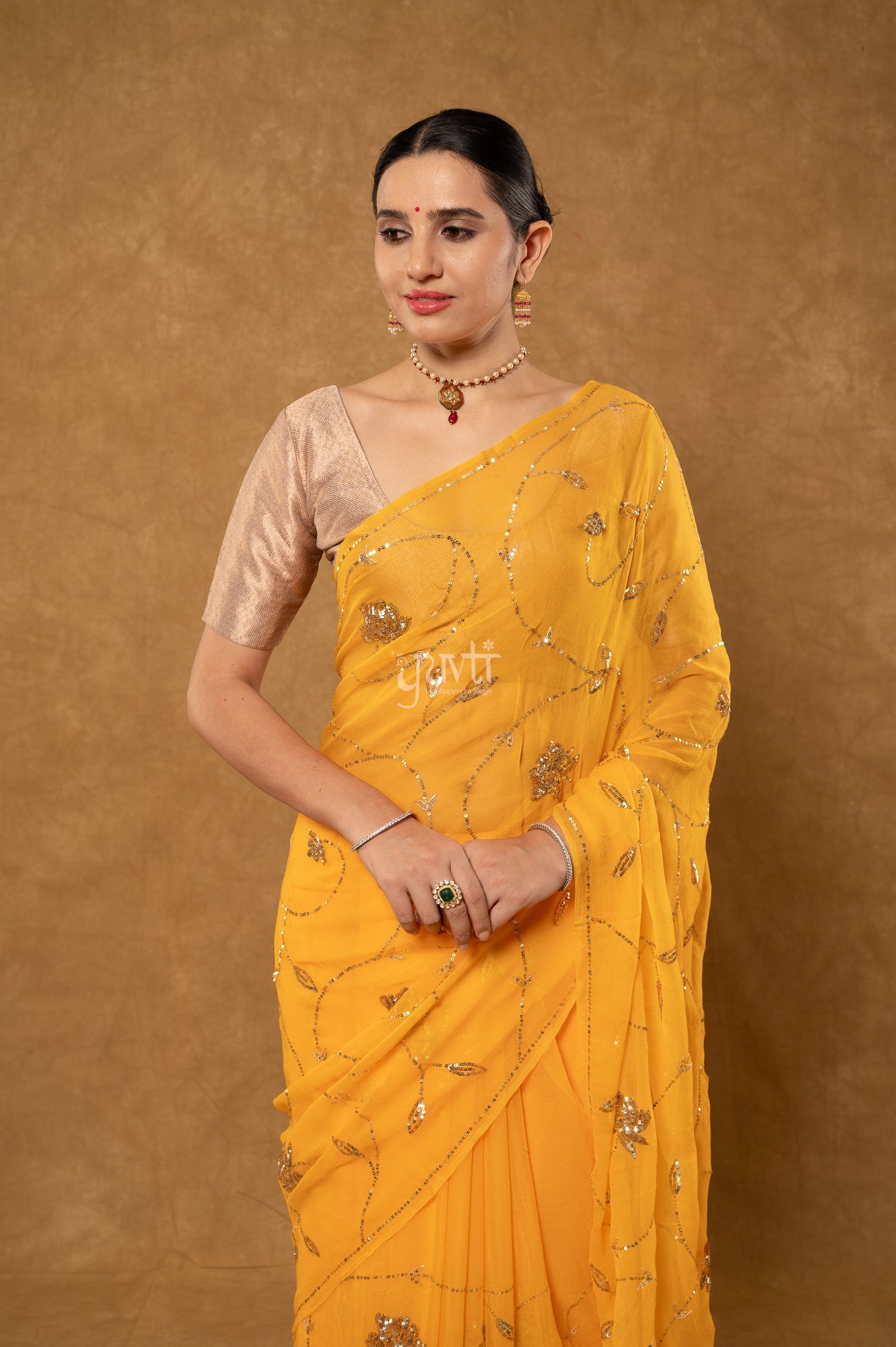 Yellow Viscose Chiffon Sequins Jaal Handwork Party Wear Saree  with Blouse