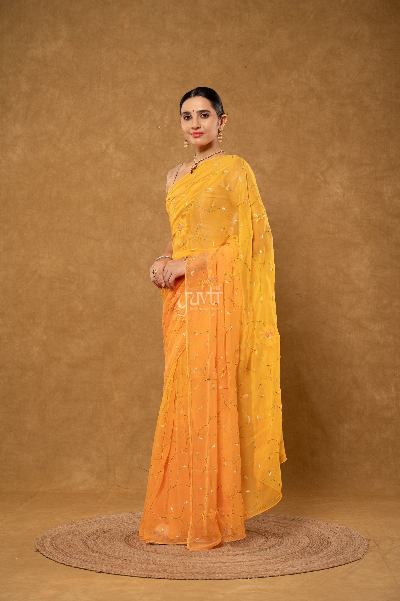 Peach Shaded Viscose Chiffon Resham Shadow Jaal Handwork Party wear Saree