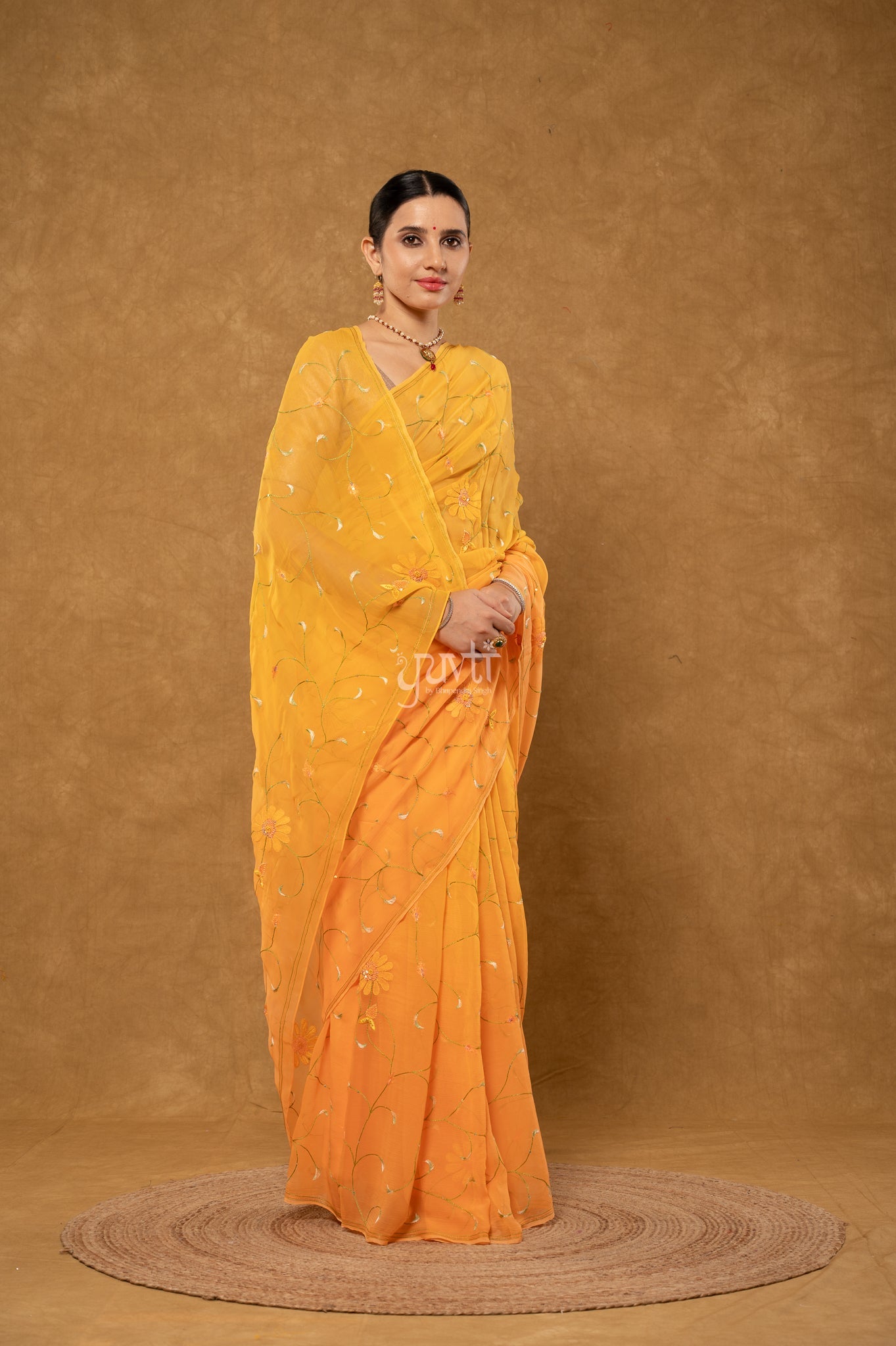 Peach Shaded Viscose Chiffon Resham Shadow Jaal Handwork Party wear Saree
