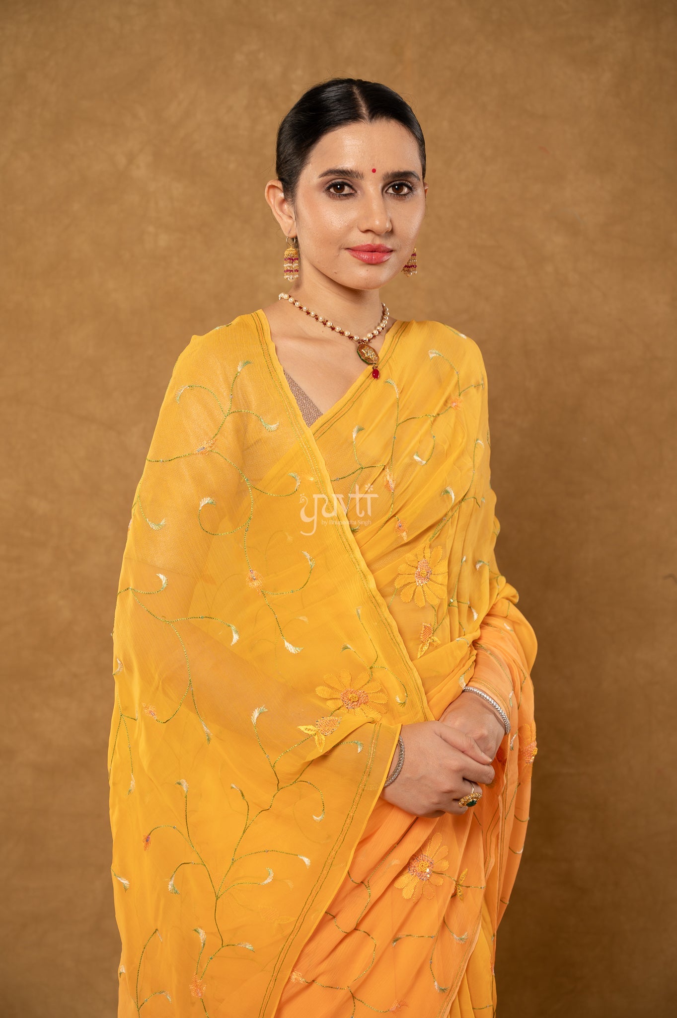 Peach Shaded Viscose Chiffon Resham Shadow Jaal Handwork Party wear Saree