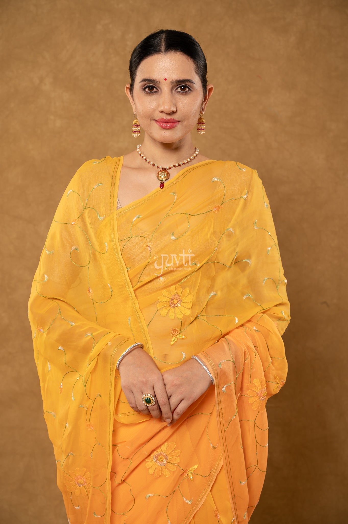Peach Shaded Viscose Chiffon Resham Shadow Jaal Handwork Party wear Saree