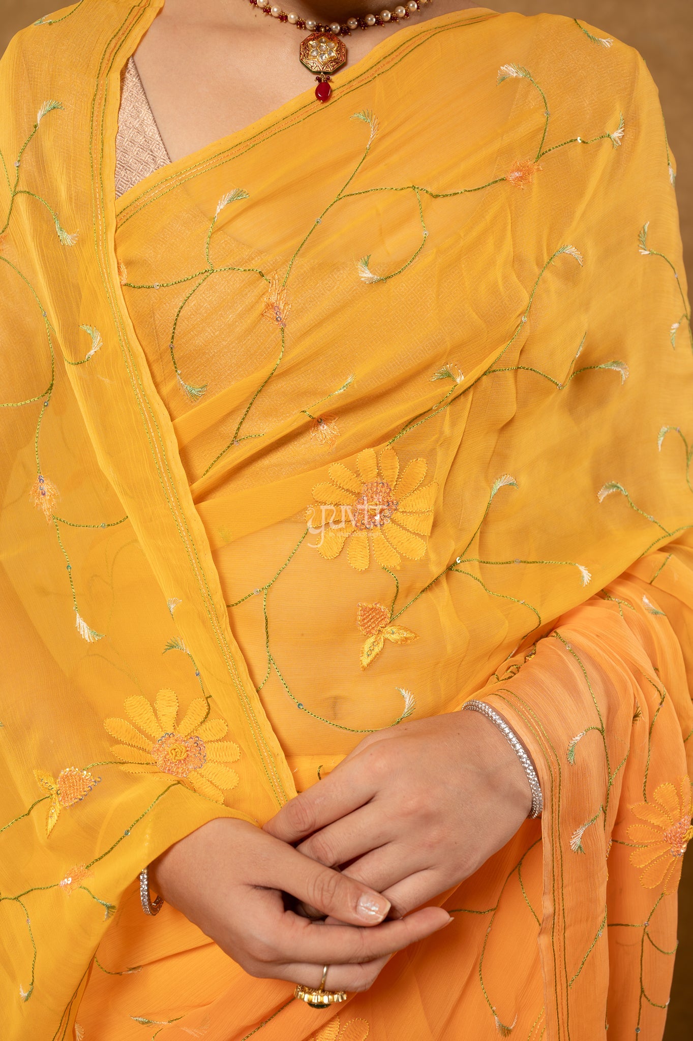 Peach Shaded Viscose Chiffon Resham Shadow Jaal Handwork Party wear Saree