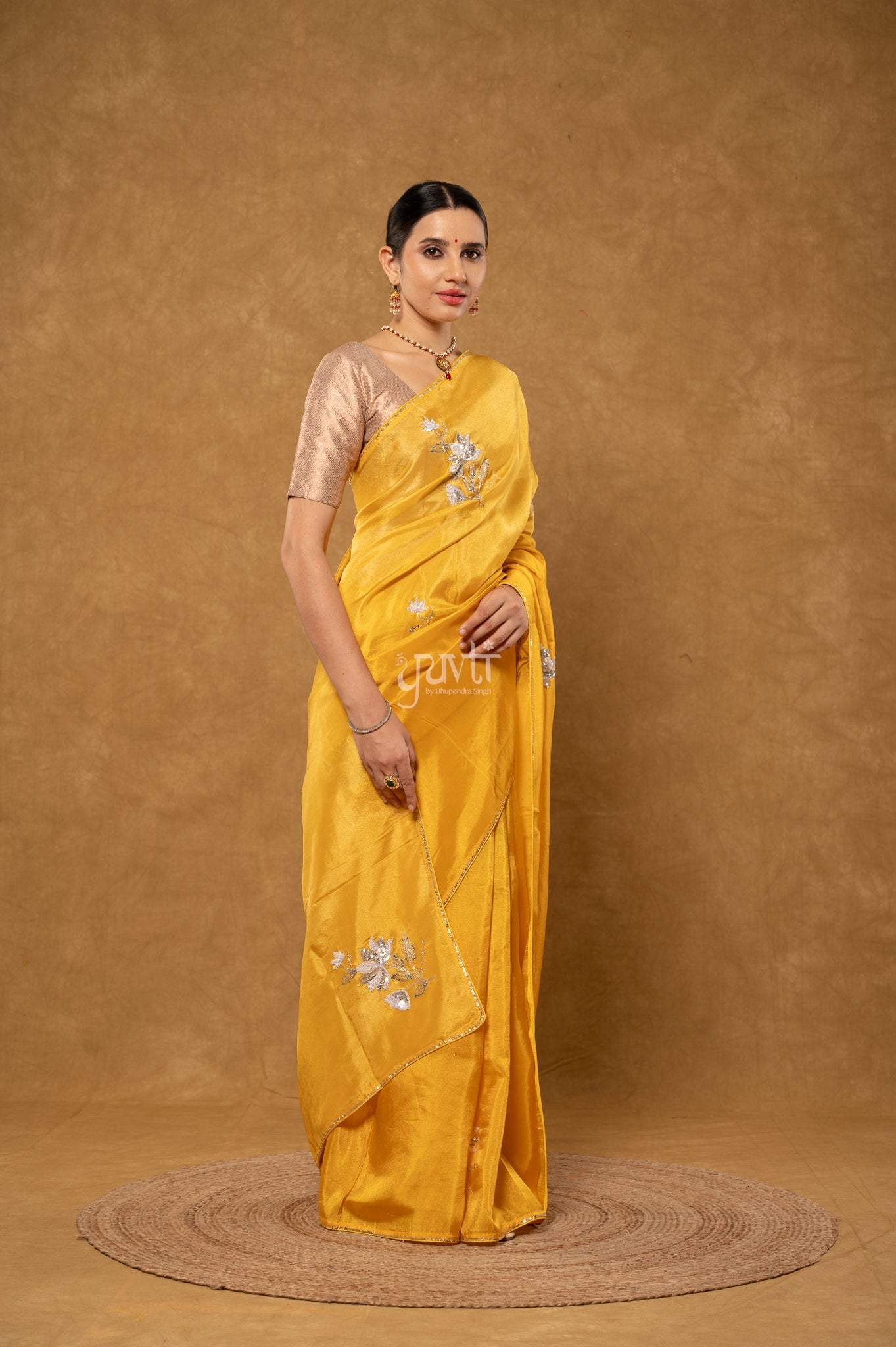 Yellow Shaded Viscose Tissue Aari Sequins Kardana Motifs ( Butti ) Handwork Party wear Saree