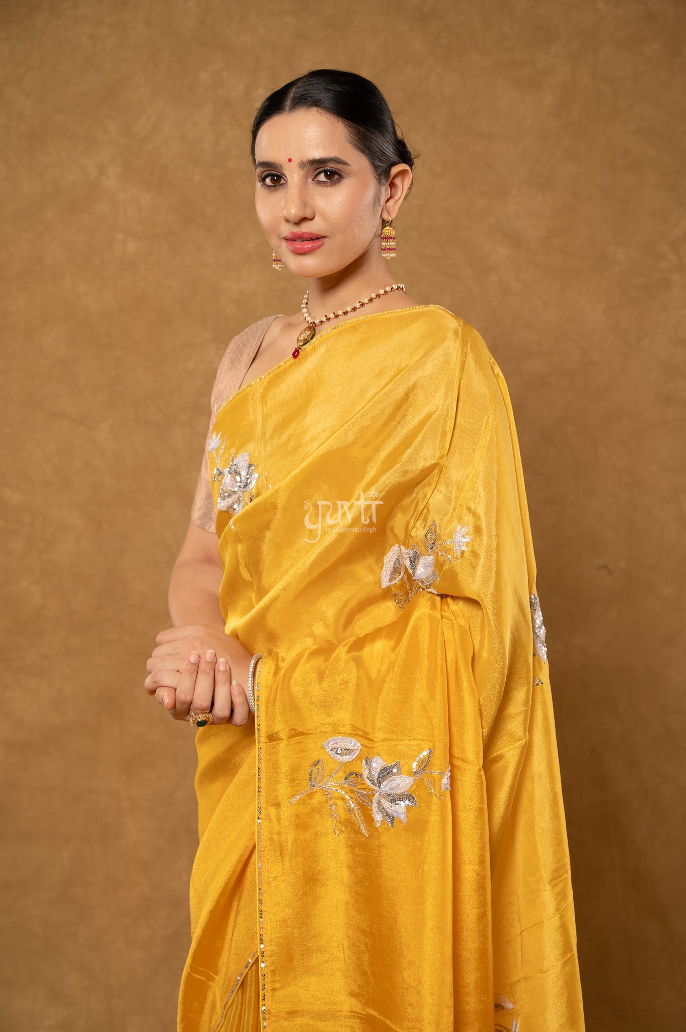 Yellow Shaded Viscose Tissue Aari Sequins Kardana Motifs ( Butti ) Handwork Party wear Saree