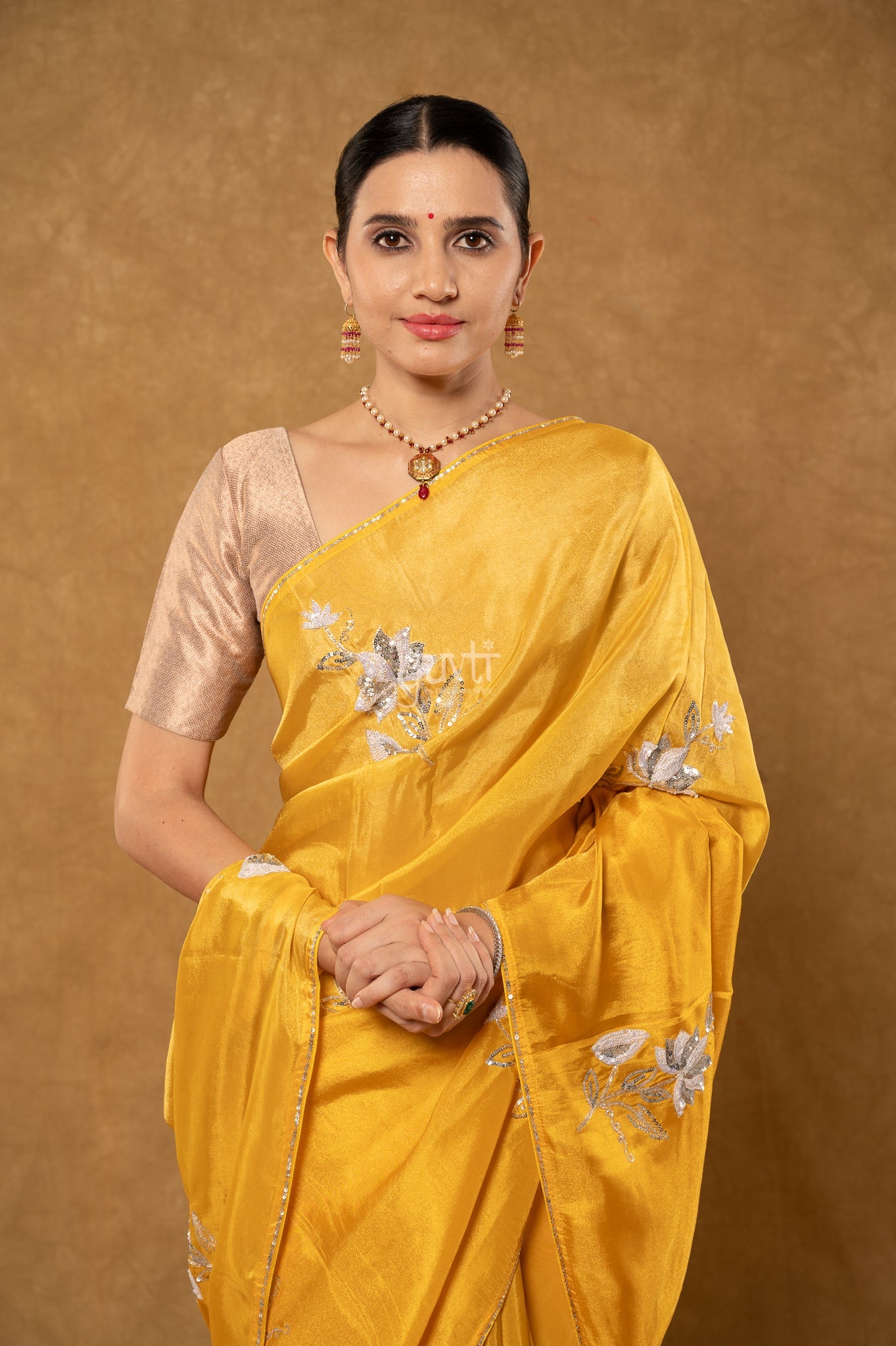 Yellow Shaded Viscose Tissue Aari Sequins Kardana Motifs ( Butti ) Handwork Party wear Saree