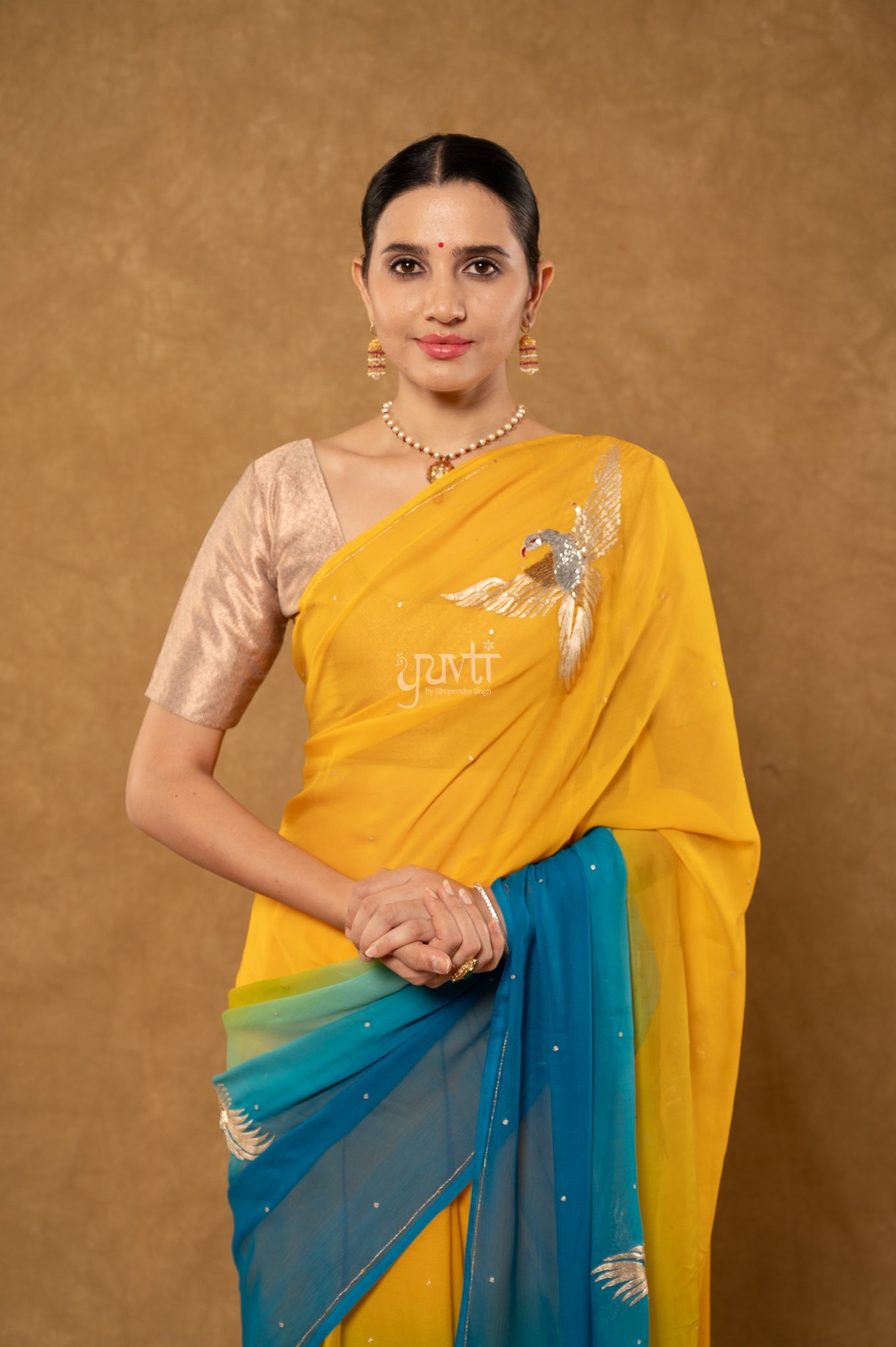 Yellow Blue Shaded Pure Chiffon Aari Sequins Motifs ( Butti ) Handwork Party wear Saree