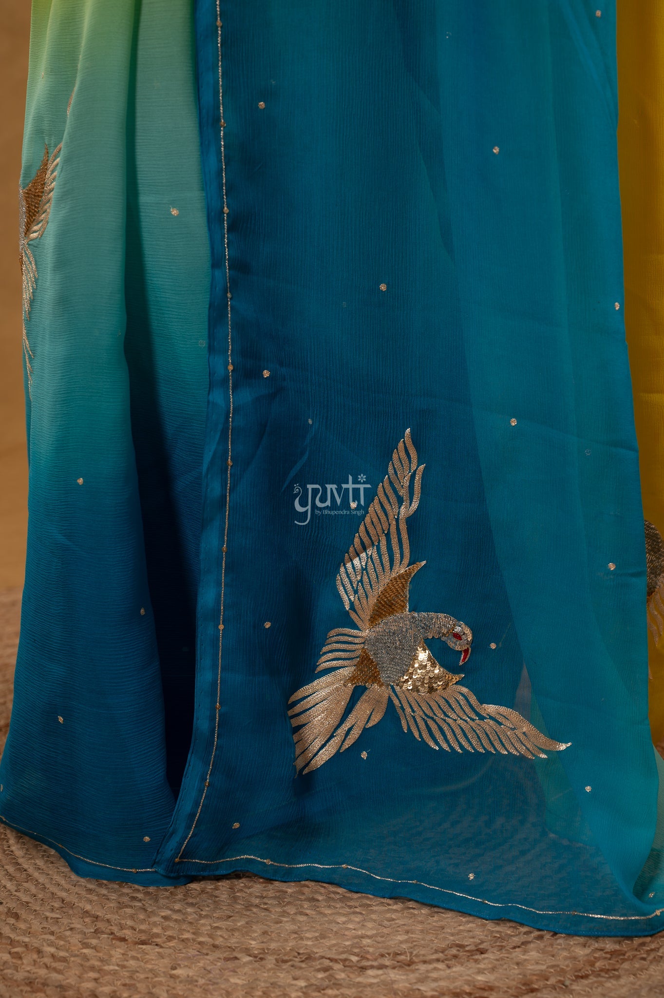 Yellow Blue Shaded Pure Chiffon Aari Sequins Motifs ( Butti ) Handwork Party wear Saree