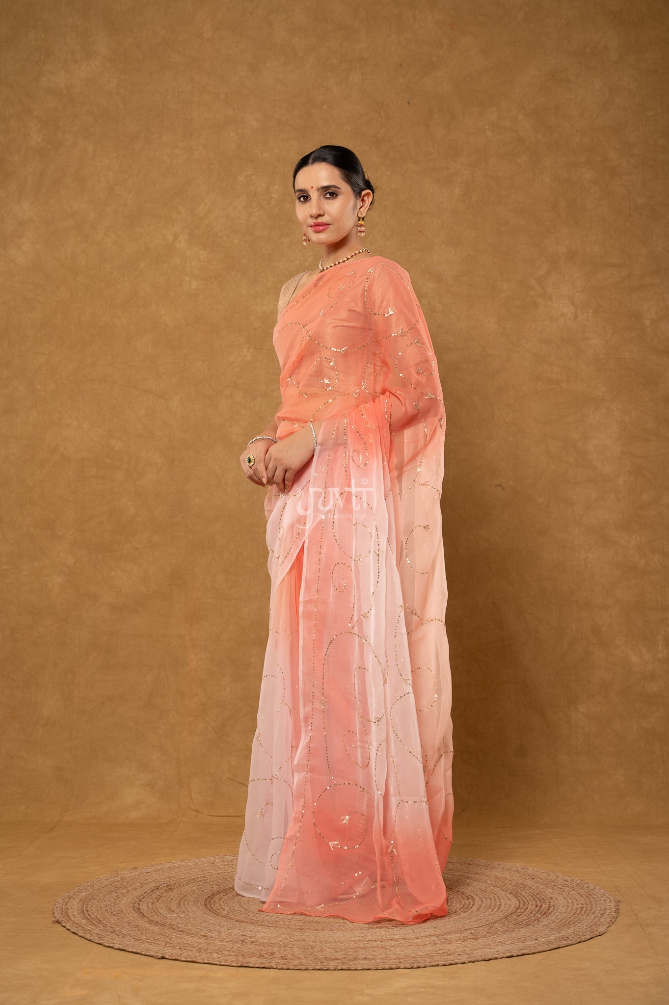 Peach Shaded Viscose Chiffon Aari Sequins Jaal Handwork Party wear Saree