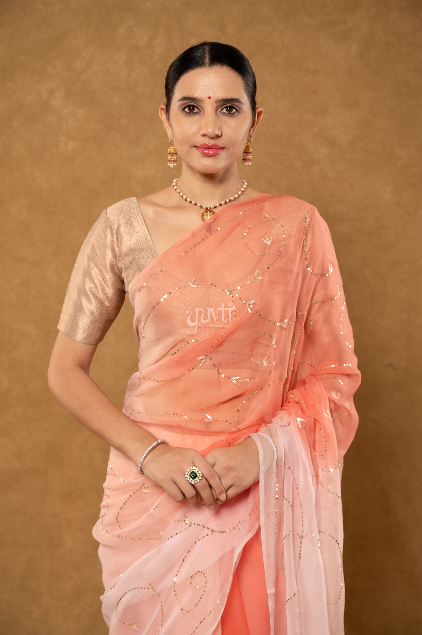 Peach Shaded Viscose Chiffon Aari Sequins Jaal Handwork Party wear Saree