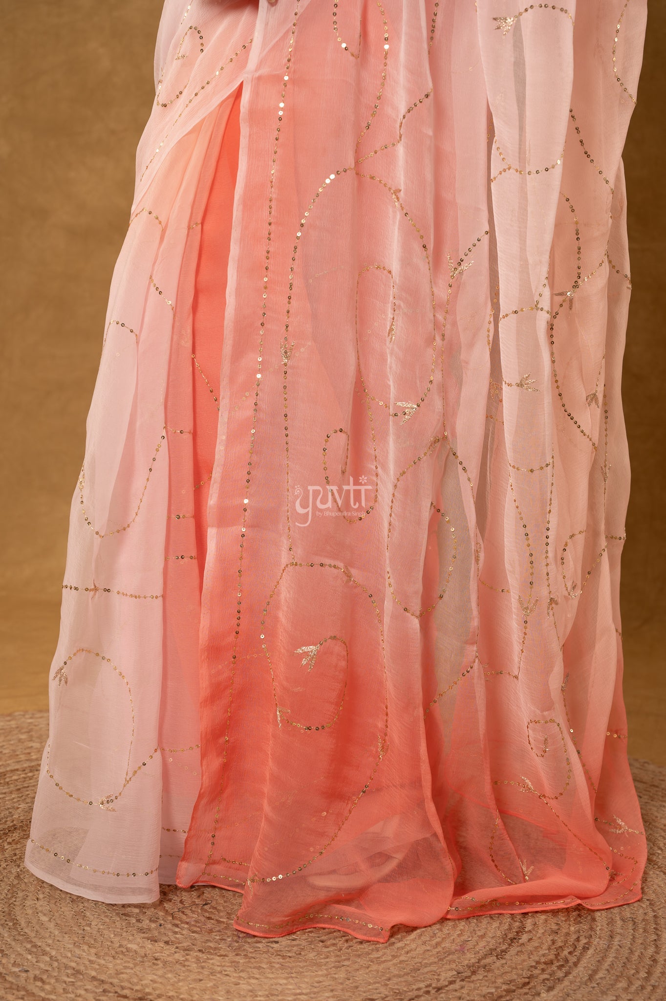 Peach Shaded Viscose Chiffon Aari Sequins Jaal Handwork Party wear Saree