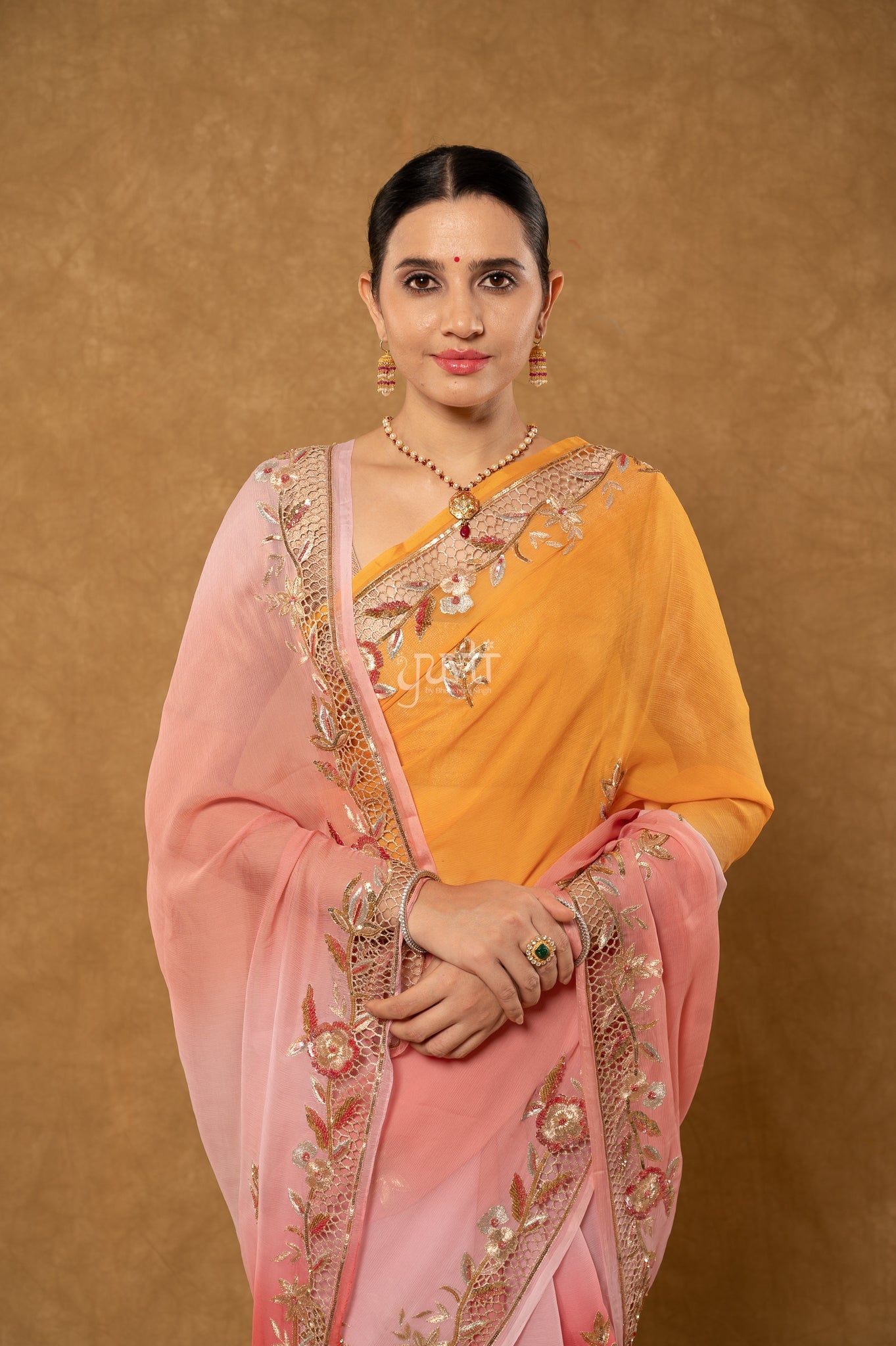 Gajri Yellow Shaded Pure Chiffon Aari Sequins Zardozi Cutwork Border Butti Handwork Party wear Saree