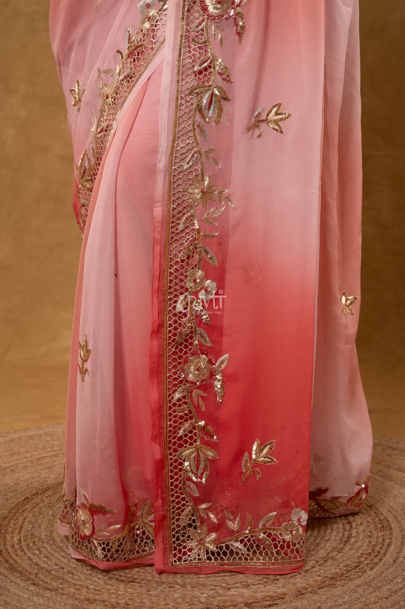 Gajri Yellow Shaded Pure Chiffon Aari Sequins Zardozi Cutwork Border Butti Handwork Party wear Saree