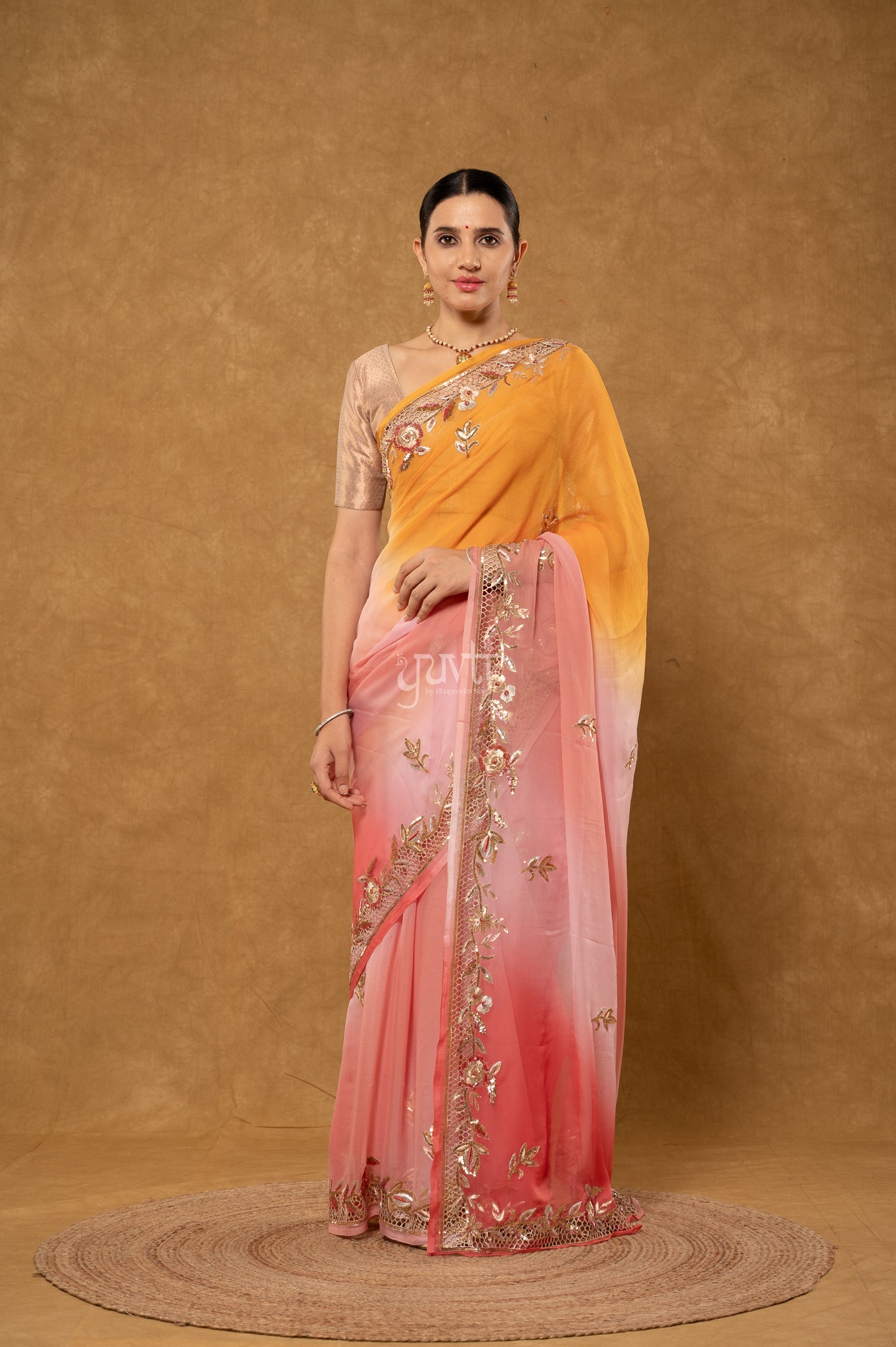 Gajri Yellow Shaded Pure Chiffon Aari Sequins Zardozi Cutwork Border Butti Handwork Party wear Saree