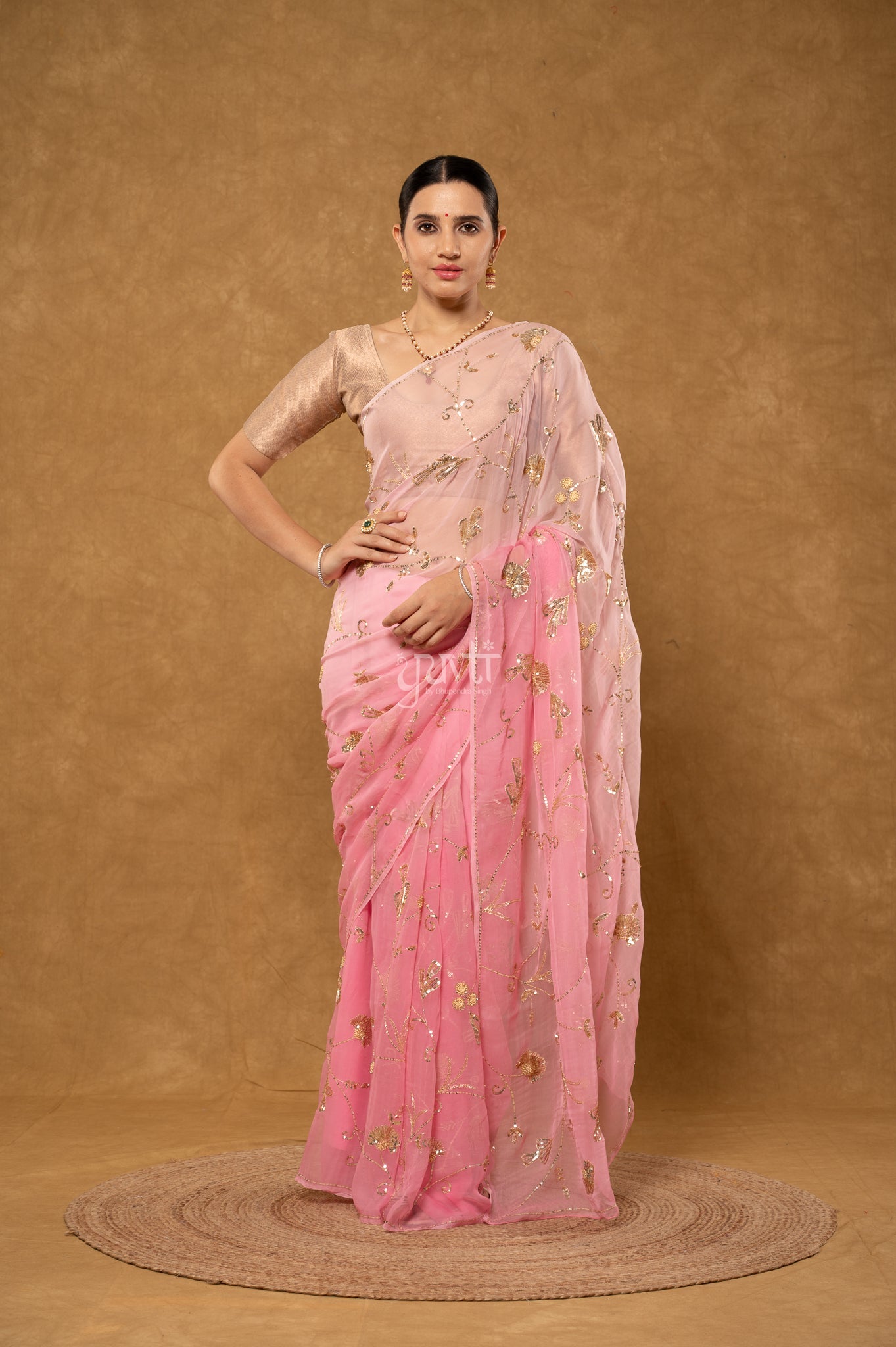 Peach Pink Viscose Chiffon Aari Sequins Jaal  Handwork Party wear Saree