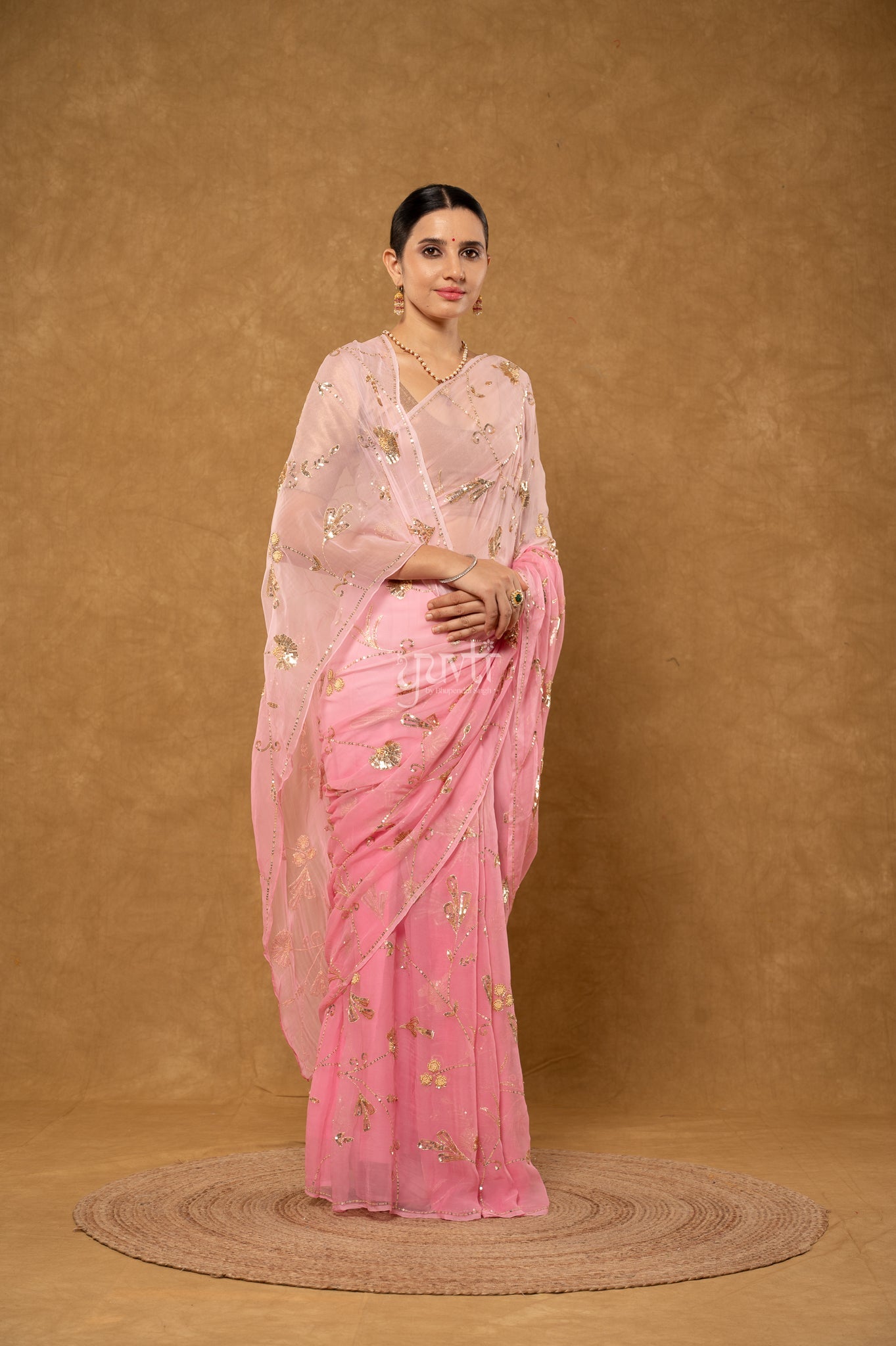 Peach Pink Viscose Chiffon Aari Sequins Jaal  Handwork Party wear Saree