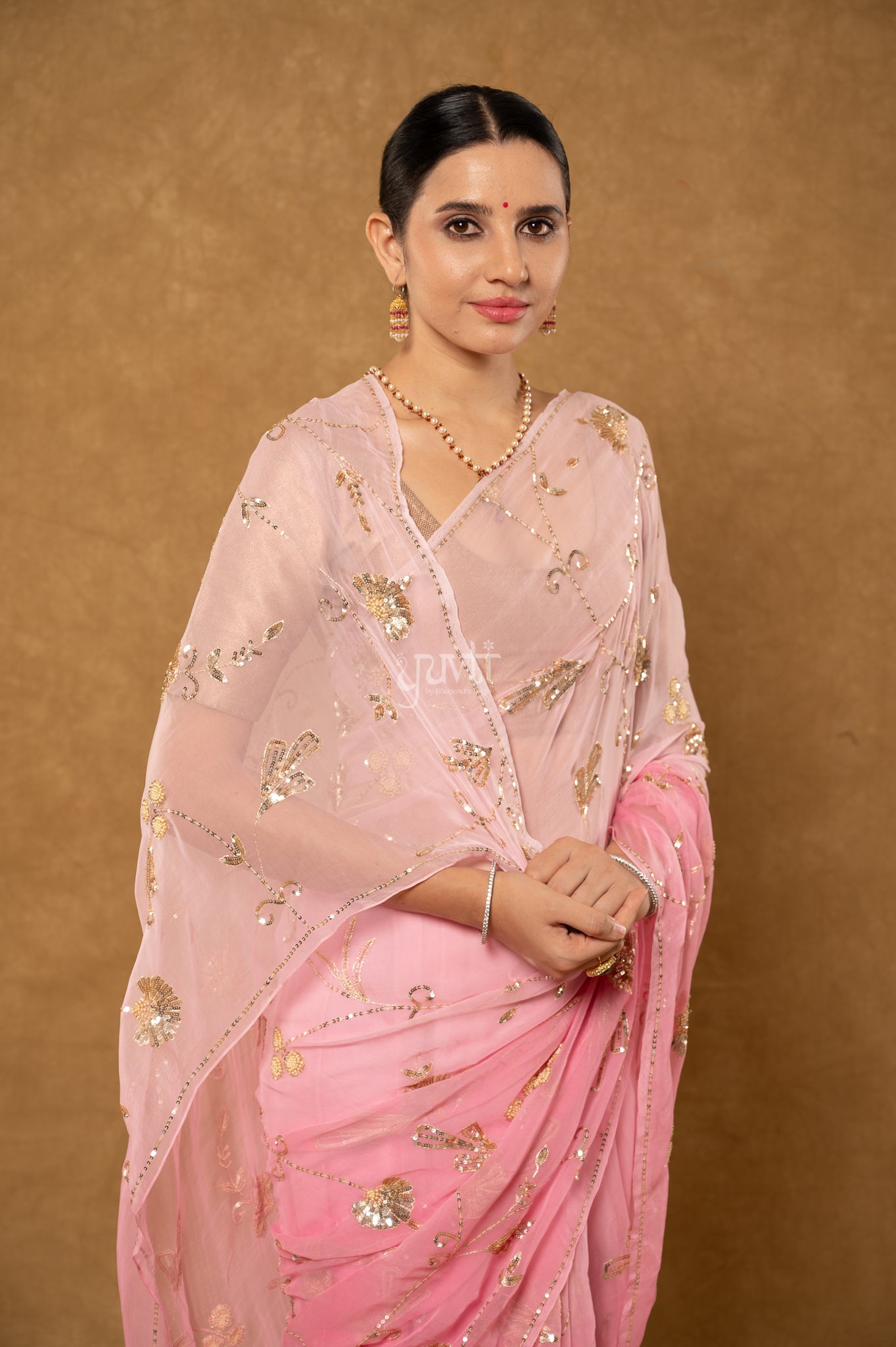 Peach Pink Viscose Chiffon Aari Sequins Jaal  Handwork Party wear Saree