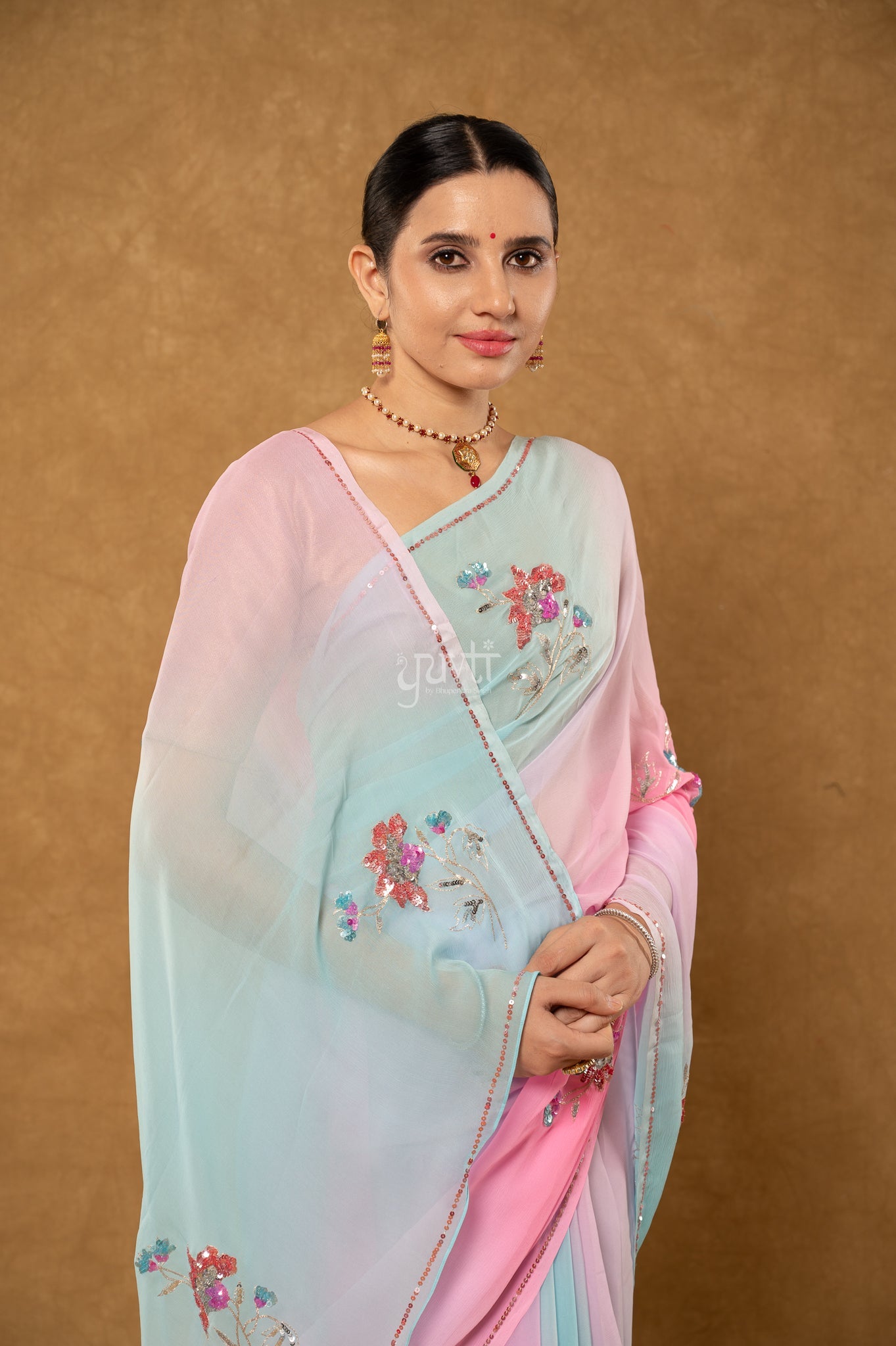 Pink Sky Shaded Viscose Chiffon Aari Sequins Motifs ( Butti ) handwork Party  Saree