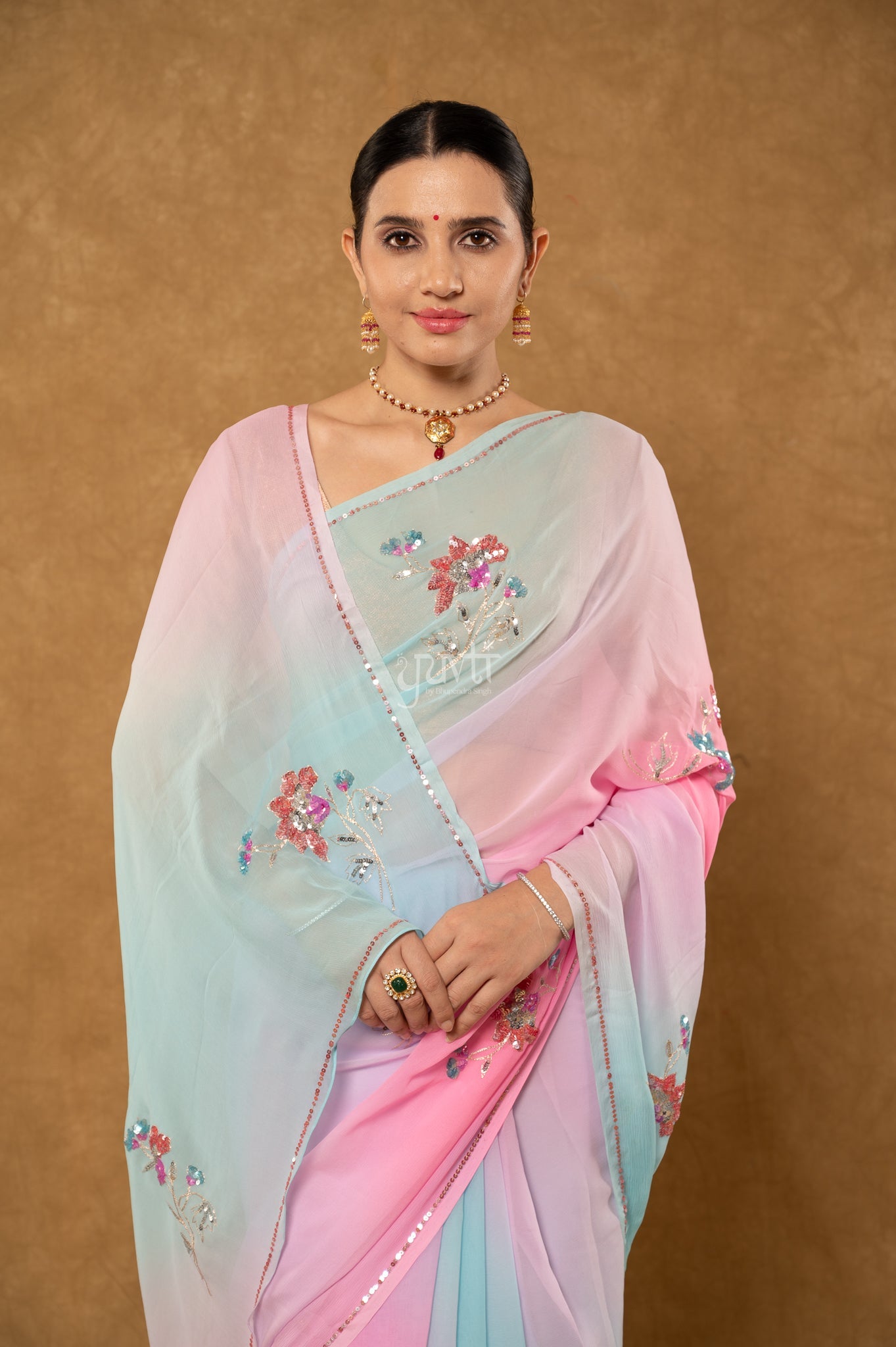 Pink Sky Shaded Viscose Chiffon Aari Sequins Motifs ( Butti ) handwork Party  Saree