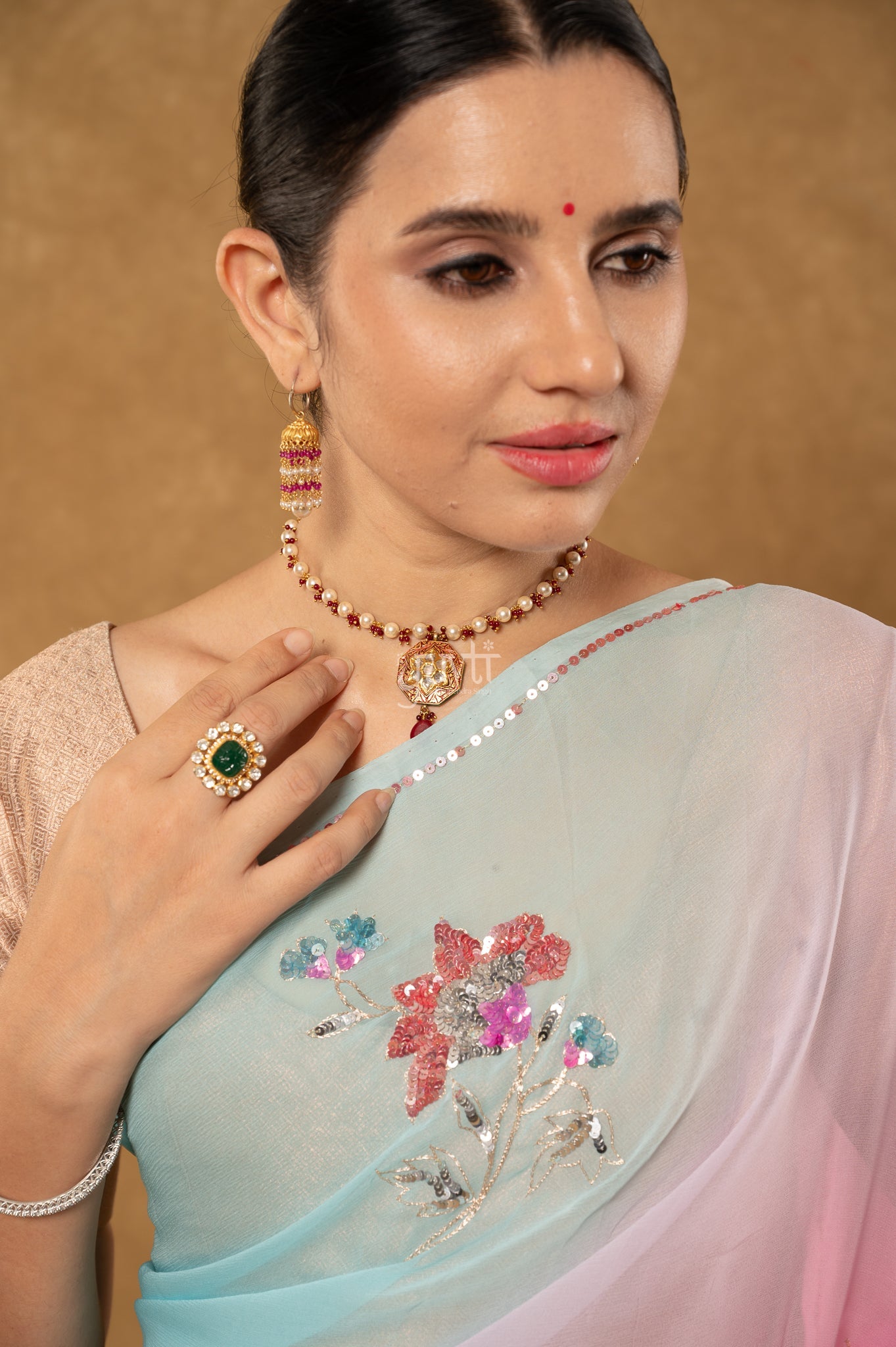 Pink Sky Shaded Viscose Chiffon Aari Sequins Motifs ( Butti ) handwork Party  Saree