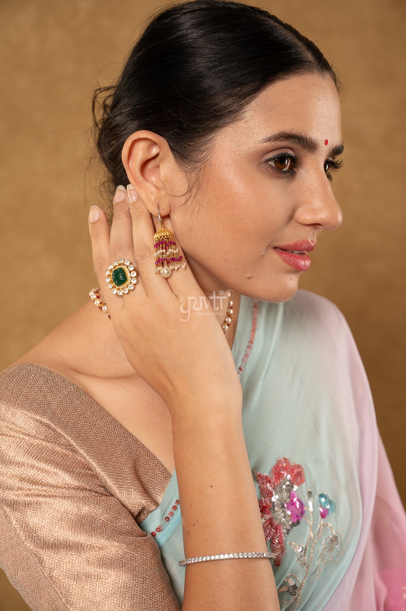 Pink Sky Shaded Viscose Chiffon Aari Sequins Motifs ( Butti ) handwork Party  Saree