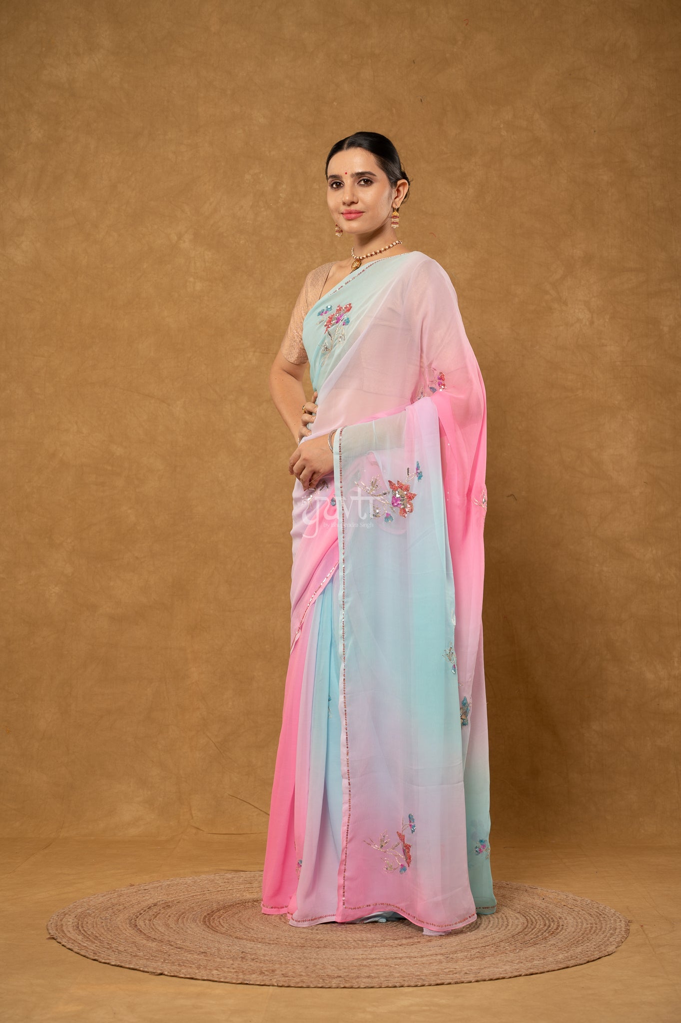 Pink Sky Shaded Viscose Chiffon Aari Sequins Motifs ( Butti ) handwork Party  Saree