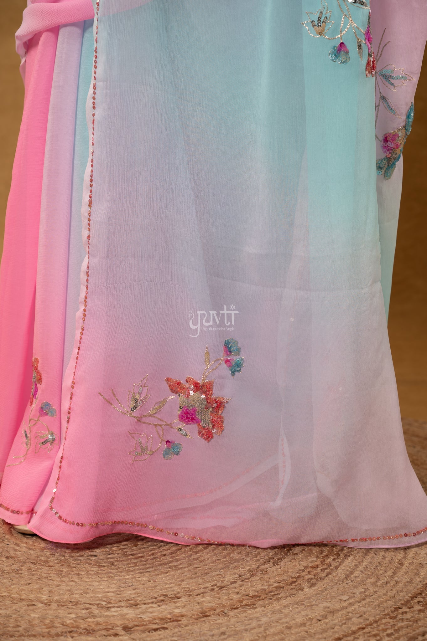 Pink Sky Shaded Viscose Chiffon Aari Sequins Motifs ( Butti ) handwork Party  Saree