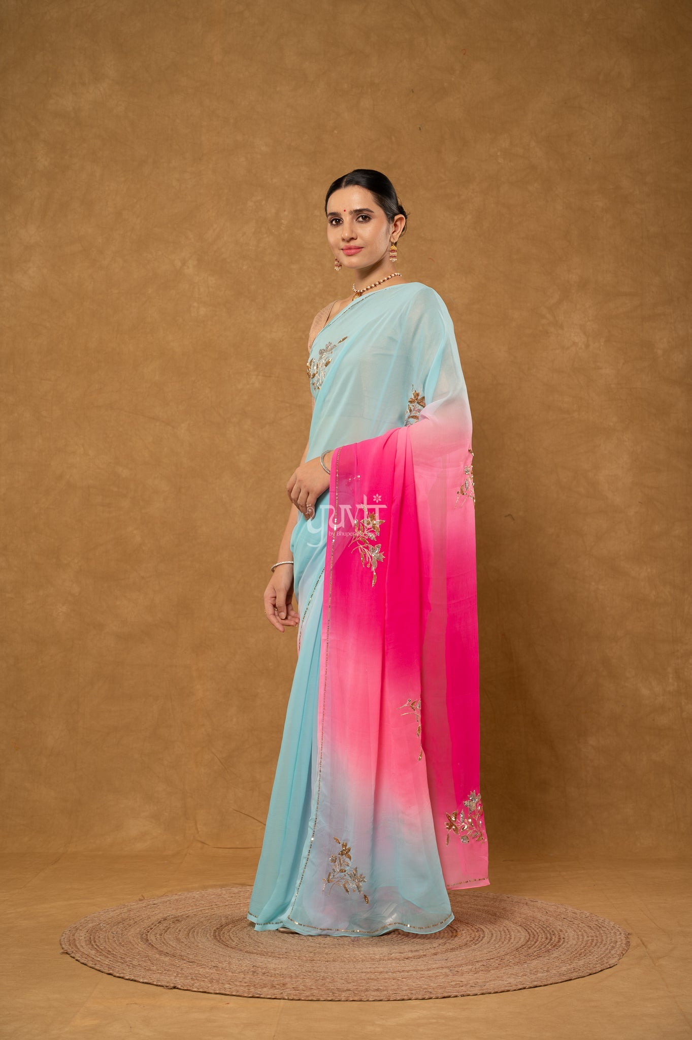 Sky Blue Pink Rani Shaded Pure Chiffon Aari Sequins Motifs ( Butti ) Handwork Party wear Saree