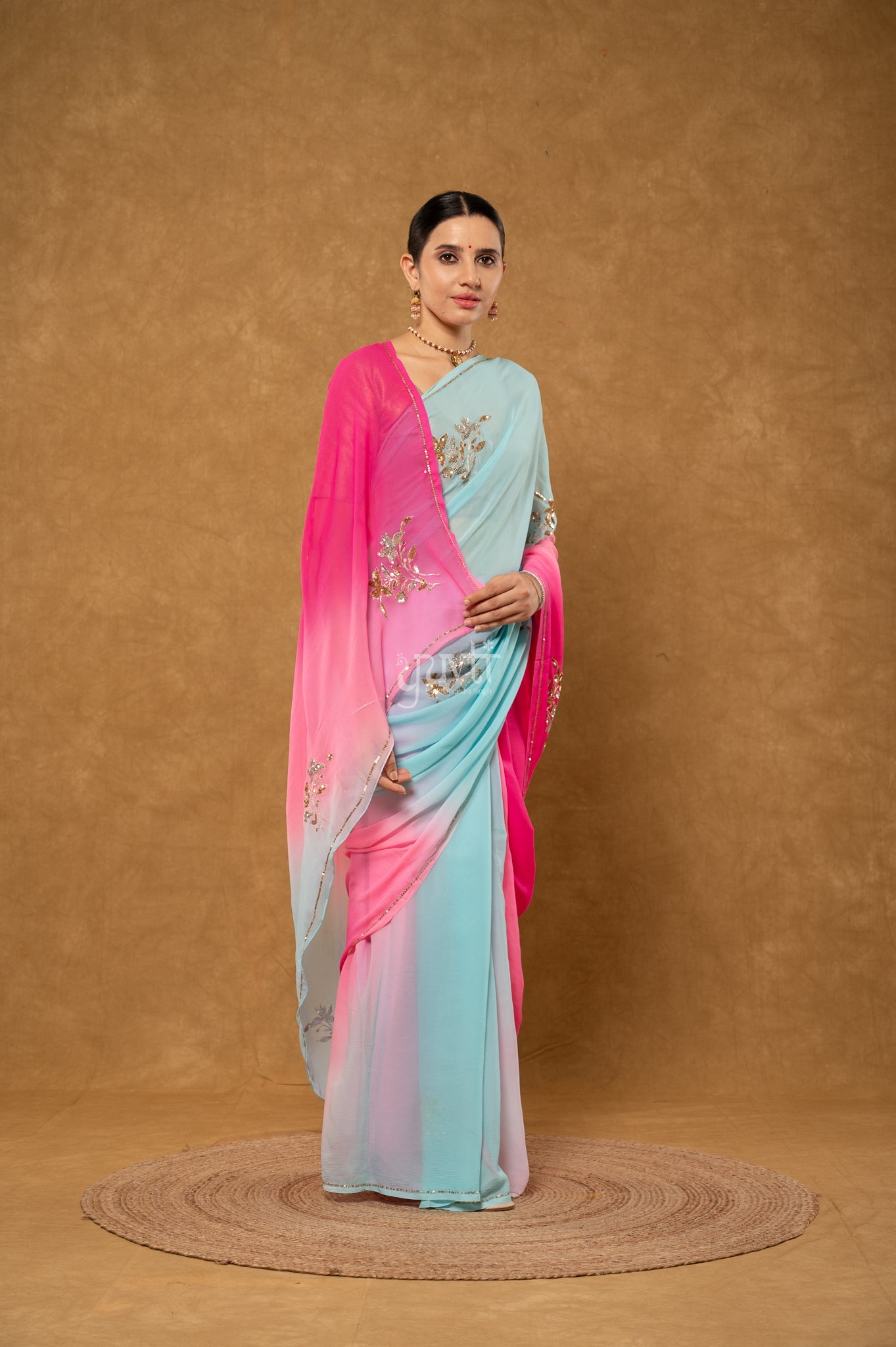 Sky Blue Pink Rani Shaded Pure Chiffon Aari Sequins Motifs ( Butti ) Handwork Party wear Saree