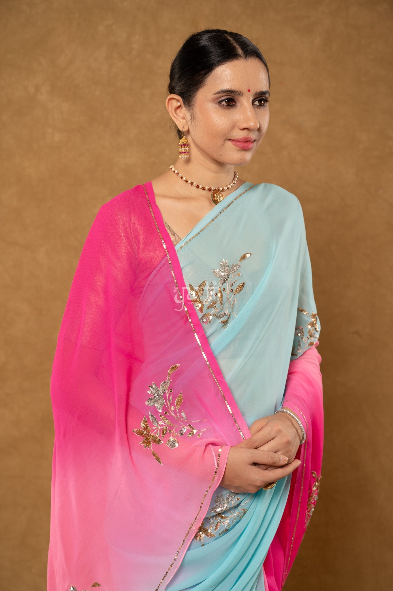 Sky Blue Pink Rani Shaded Pure Chiffon Aari Sequins Motifs ( Butti ) Handwork Party wear Saree