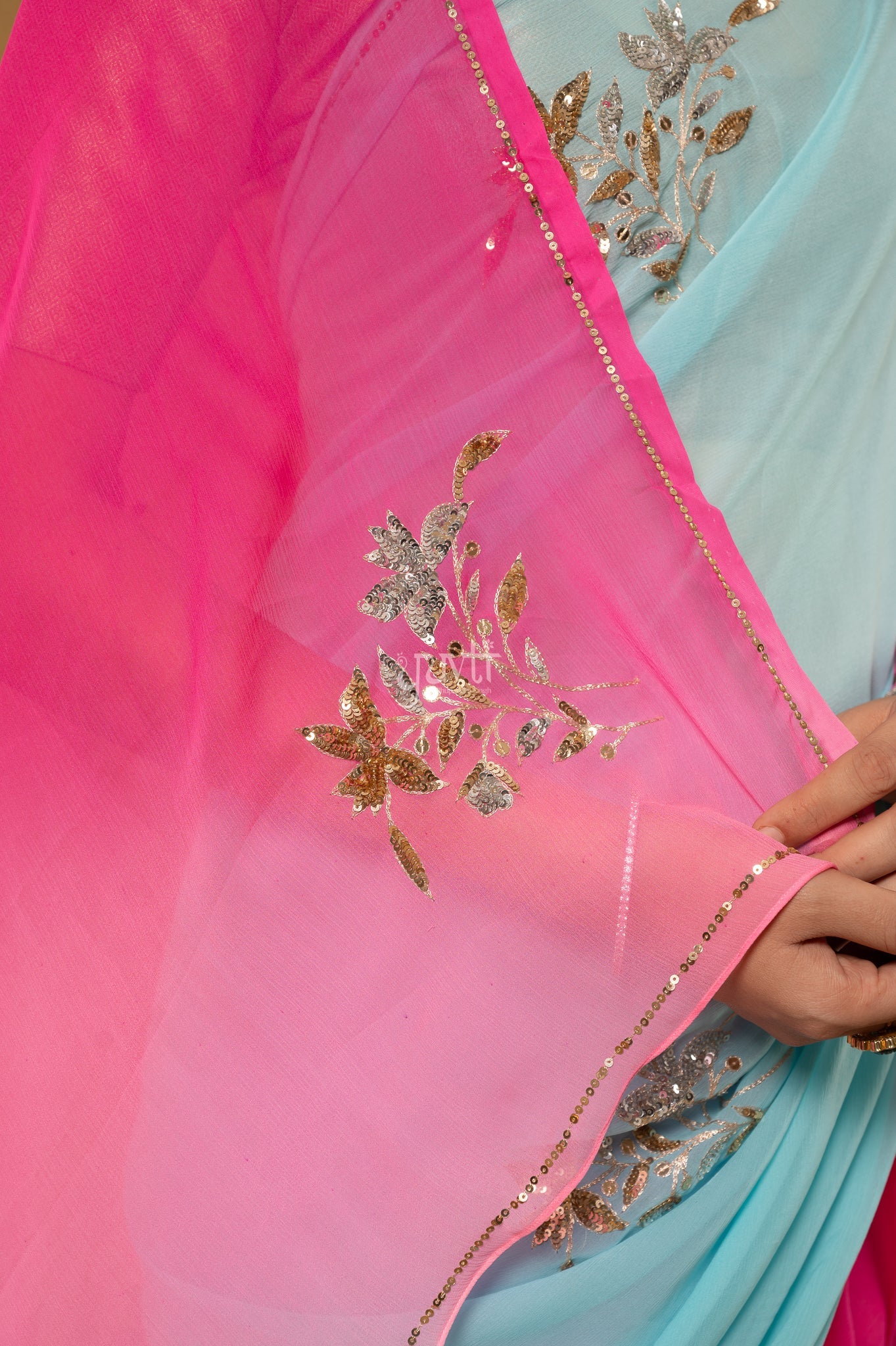 Sky Blue Pink Rani Shaded Pure Chiffon Aari Sequins Motifs ( Butti ) Handwork Party wear Saree