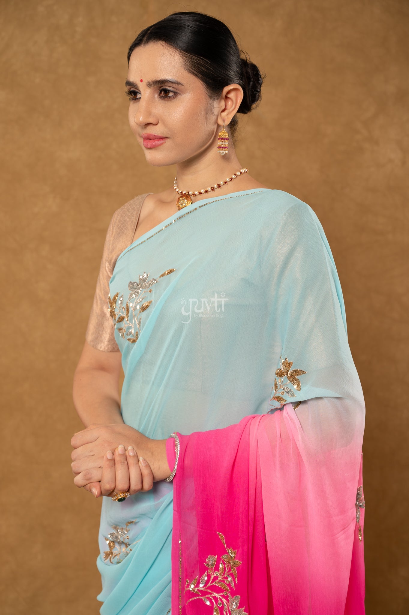 Sky Blue Pink Rani Shaded Pure Chiffon Aari Sequins Motifs ( Butti ) Handwork Party wear Saree