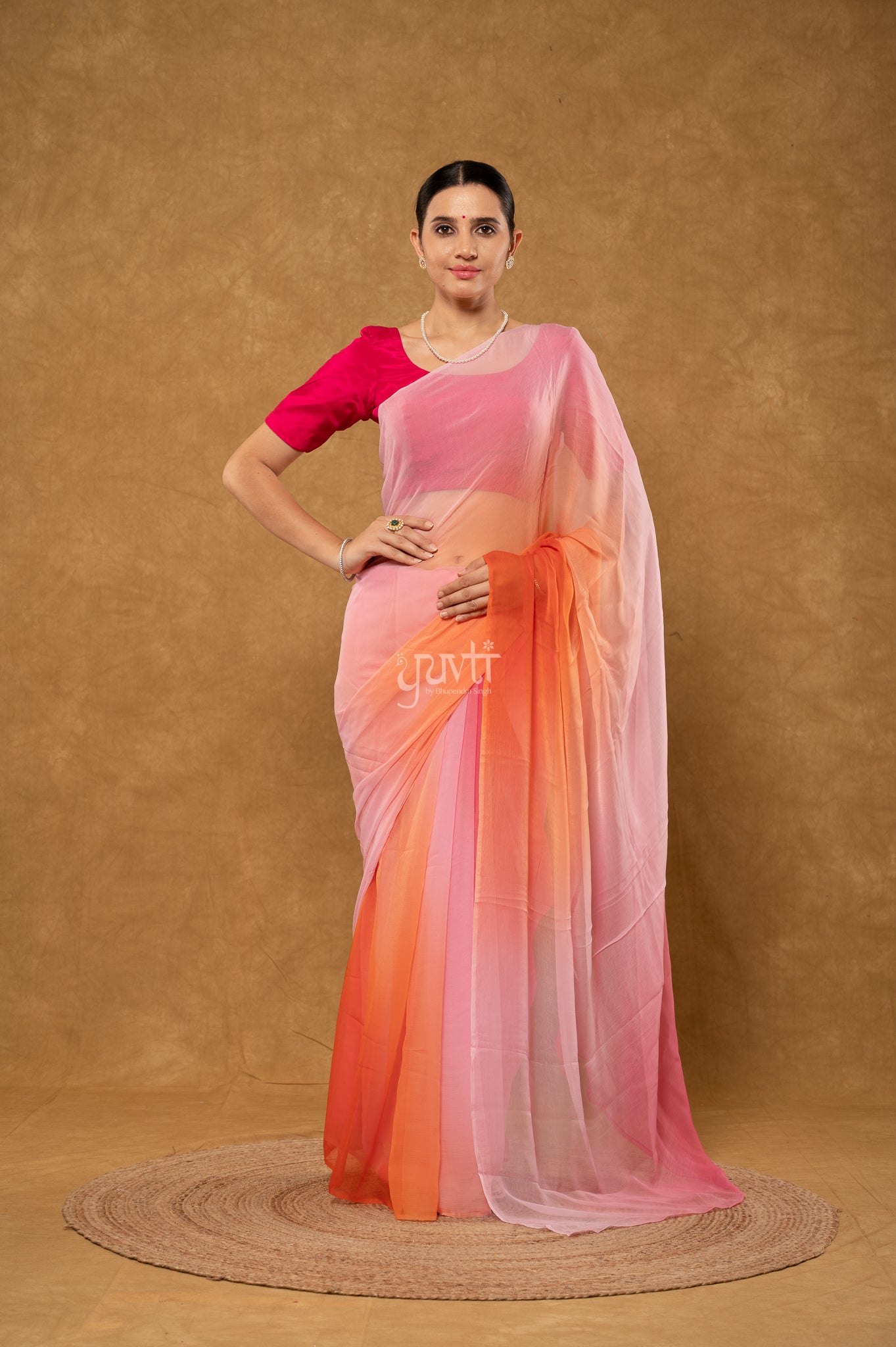 Peach Orange Pink Shaded Viscose Chiffon  Hand-Dye  Saree  with Blouse