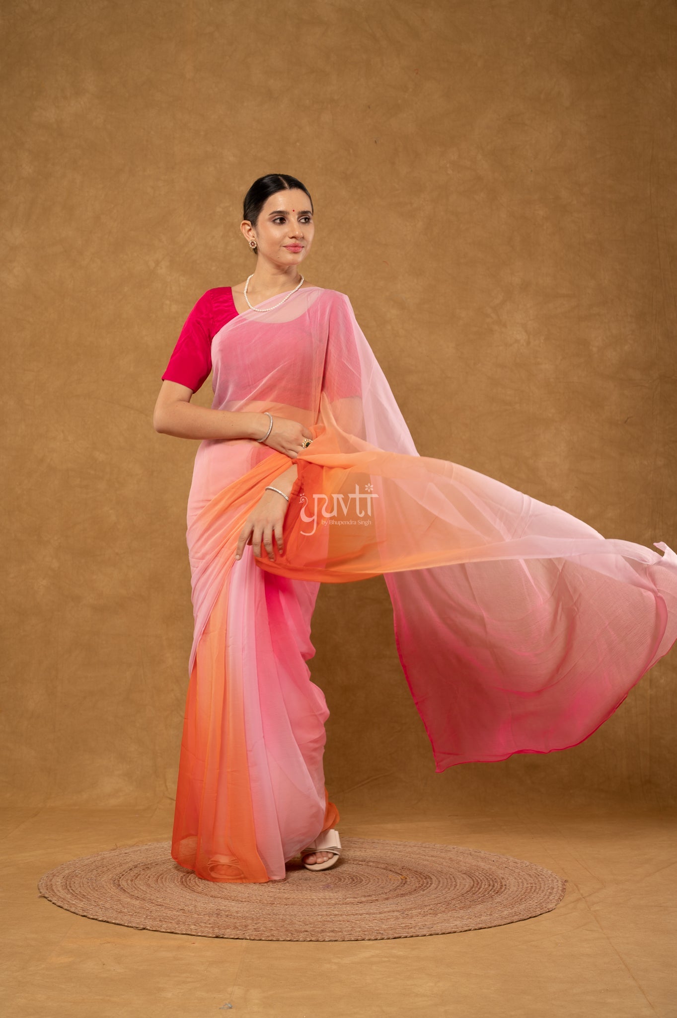 Peach Orange Pink Shaded Viscose Chiffon  Hand-Dye  Saree  with Blouse