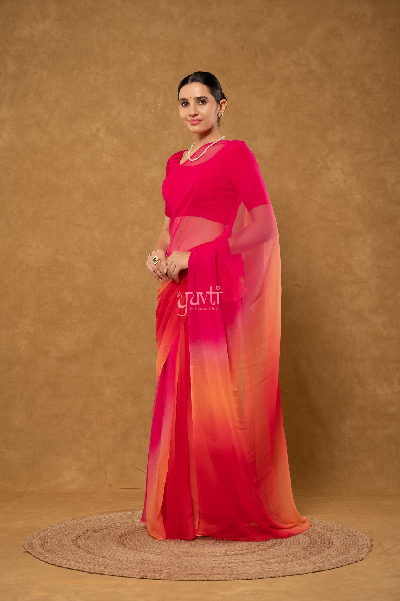 Red Peach Rani Shaded Viscose Chiffon  Hand-Dye  Saree  with Blouse