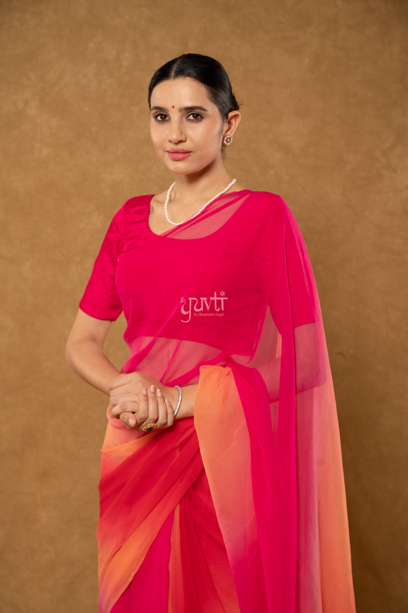 Red Peach Rani Shaded Viscose Chiffon  Hand-Dye  Saree  with Blouse