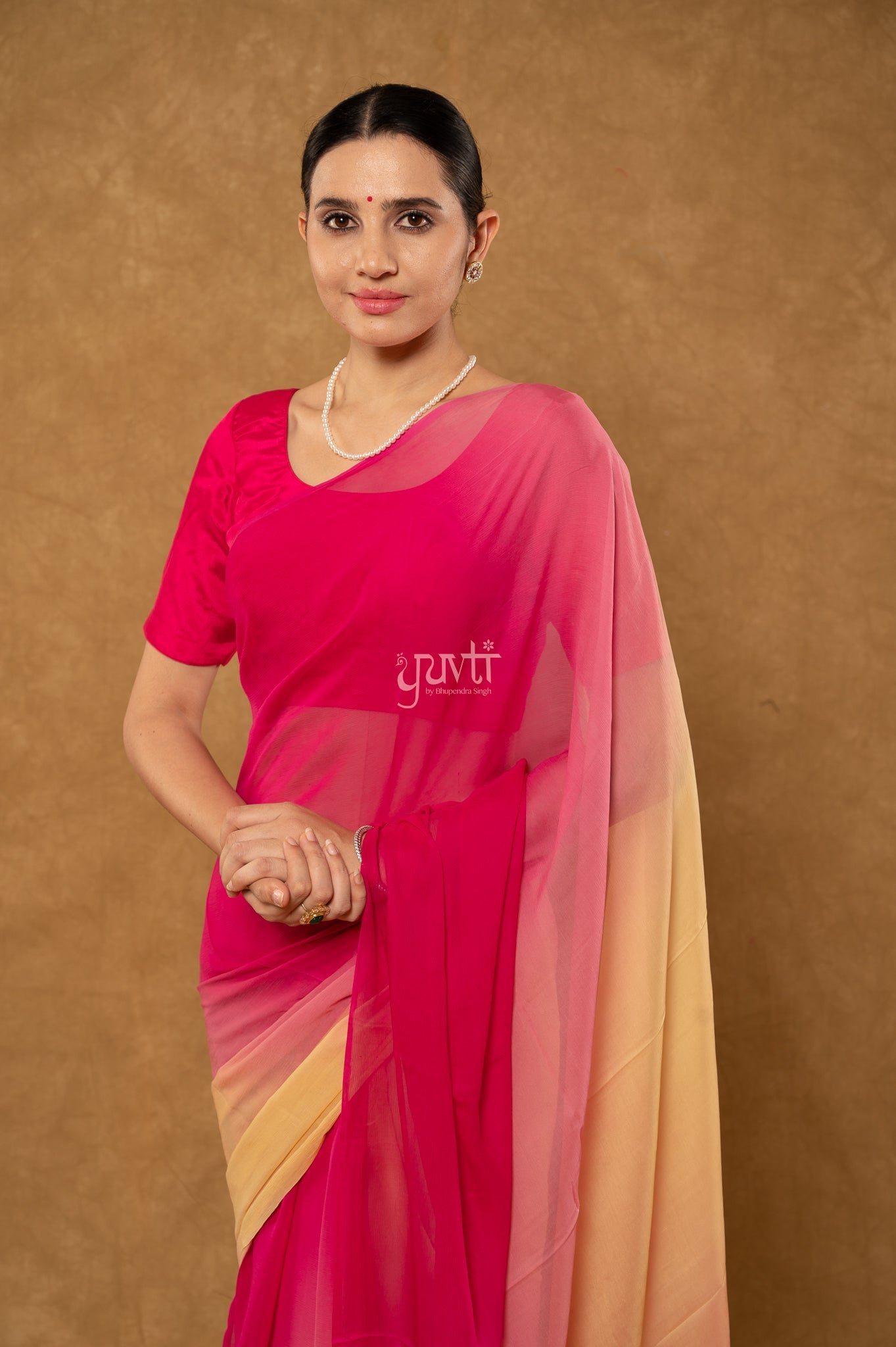 Wine Rani Cream Shaded Pure Chiffon  Hand-Dye  Saree