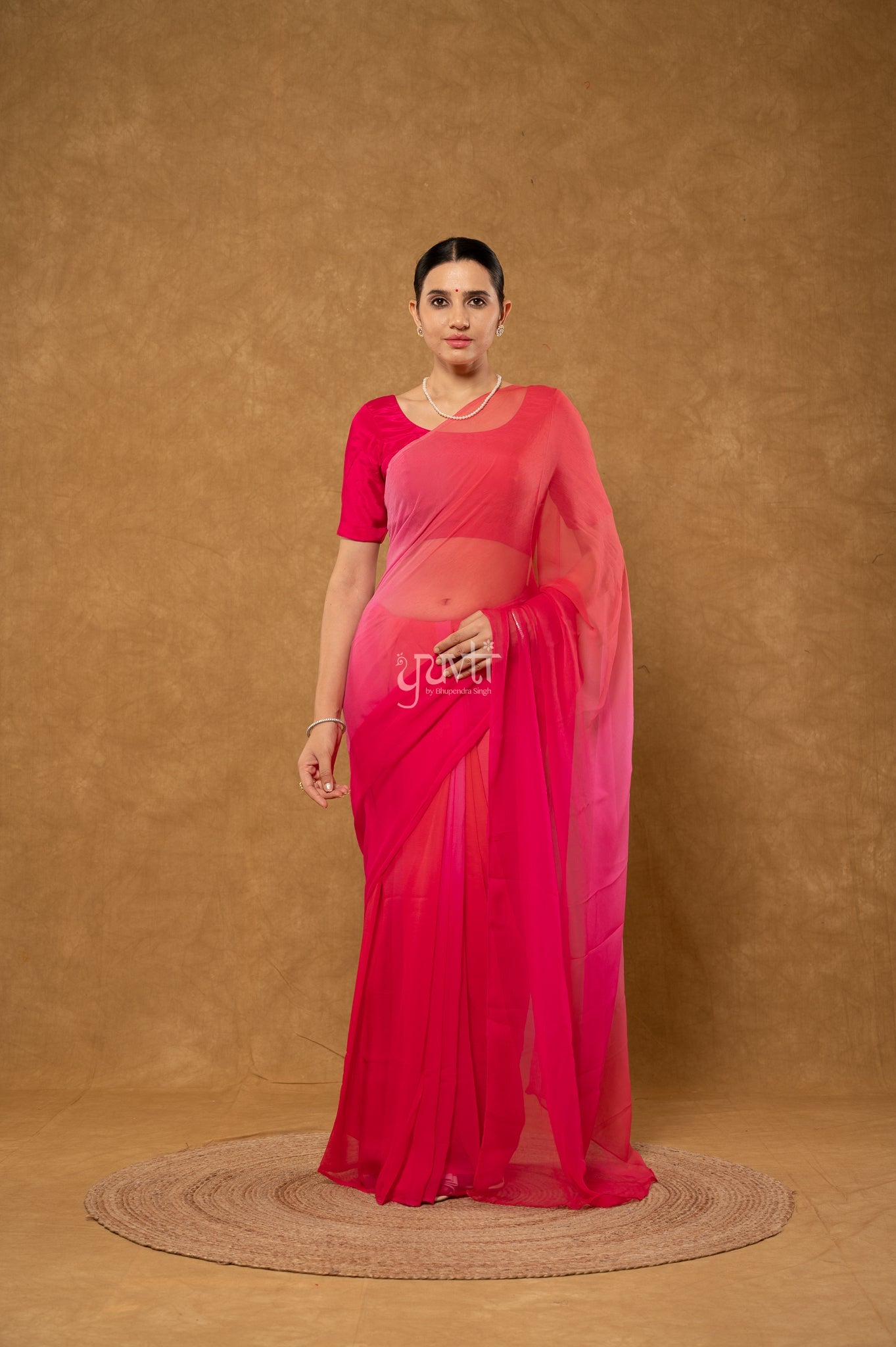 Rani Gajri Red Pink Multi Shaded Viscose Chiffon  Hand-Dye  Saree  with Blouse