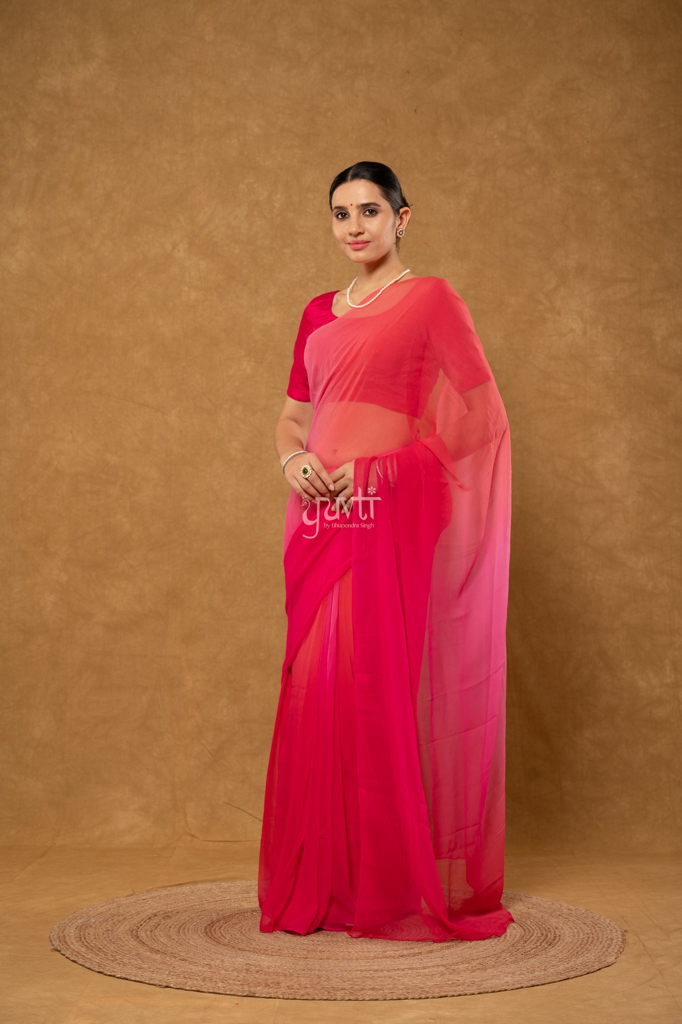 Rani Gajri Red Pink Multi Shaded Viscose Chiffon  Hand-Dye  Saree  with Blouse