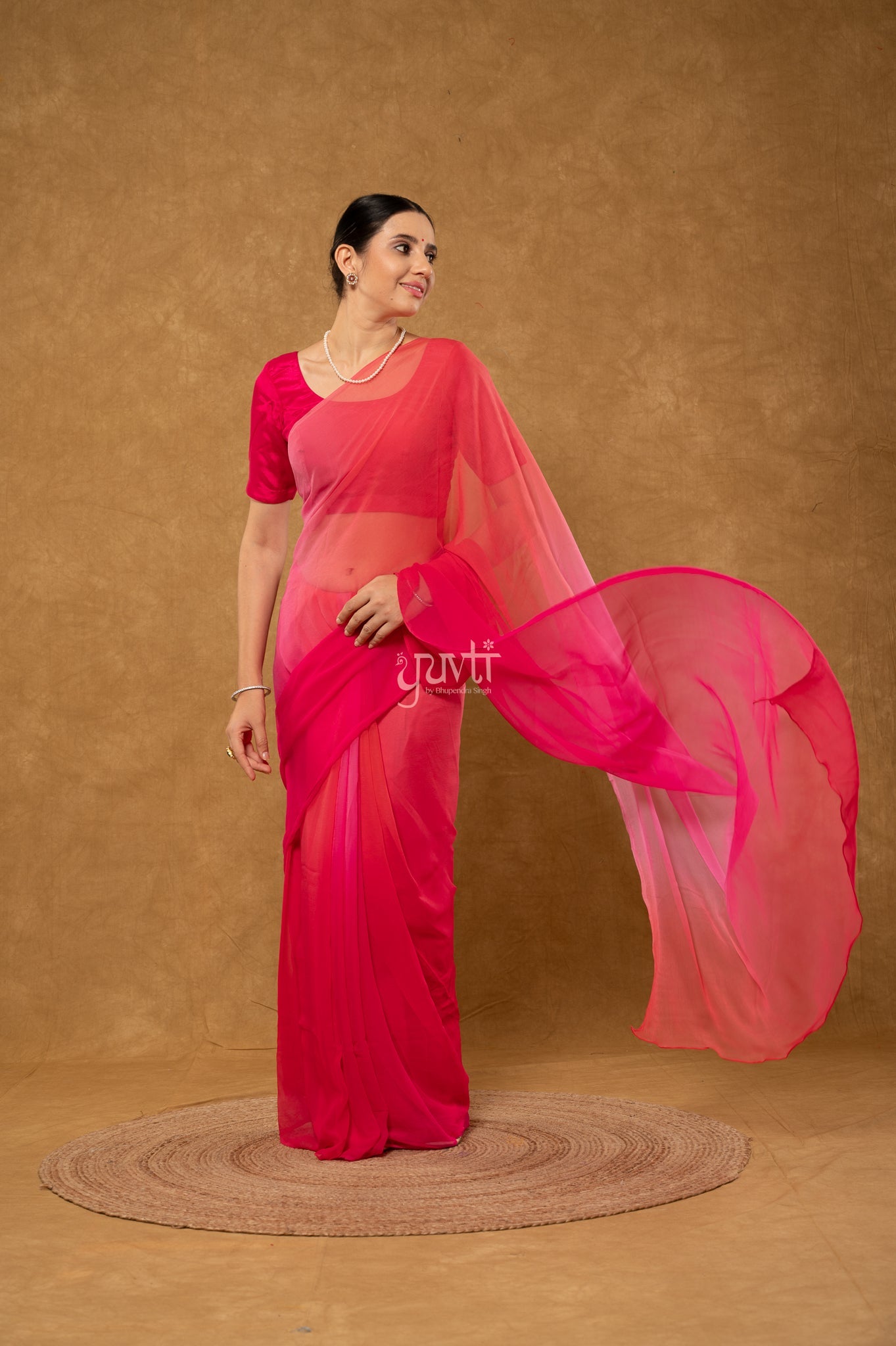 Rani Gajri Red Pink Multi Shaded Viscose Chiffon  Hand-Dye  Saree  with Blouse
