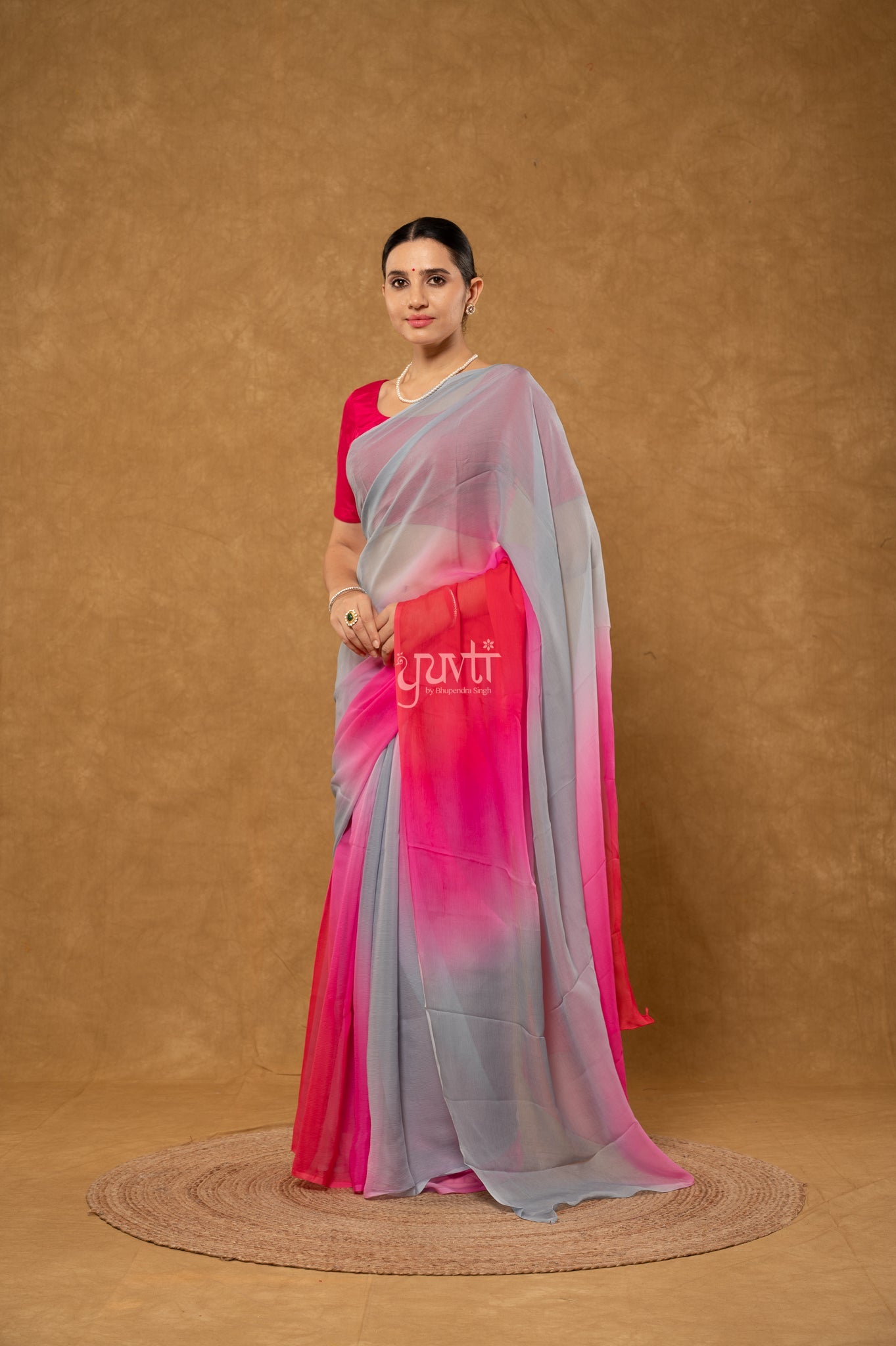 Grey Pink Red Shaded Pure Chiffon  Hand-Dye  Saree  with Blouse