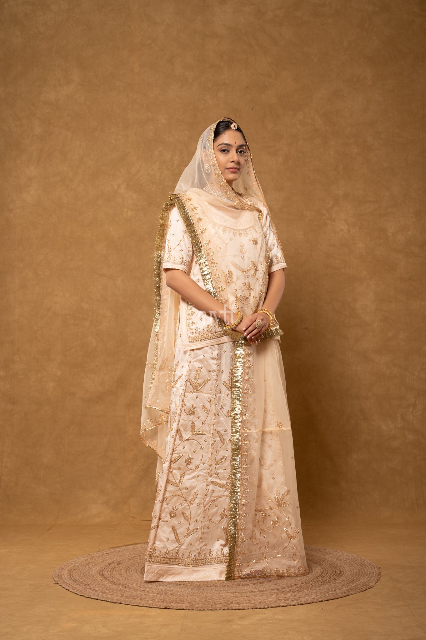 Cream Bamber Satin Zardozi Sequins Dabka Salma Handwork  Poshak with Pure Odhana (unstitched)