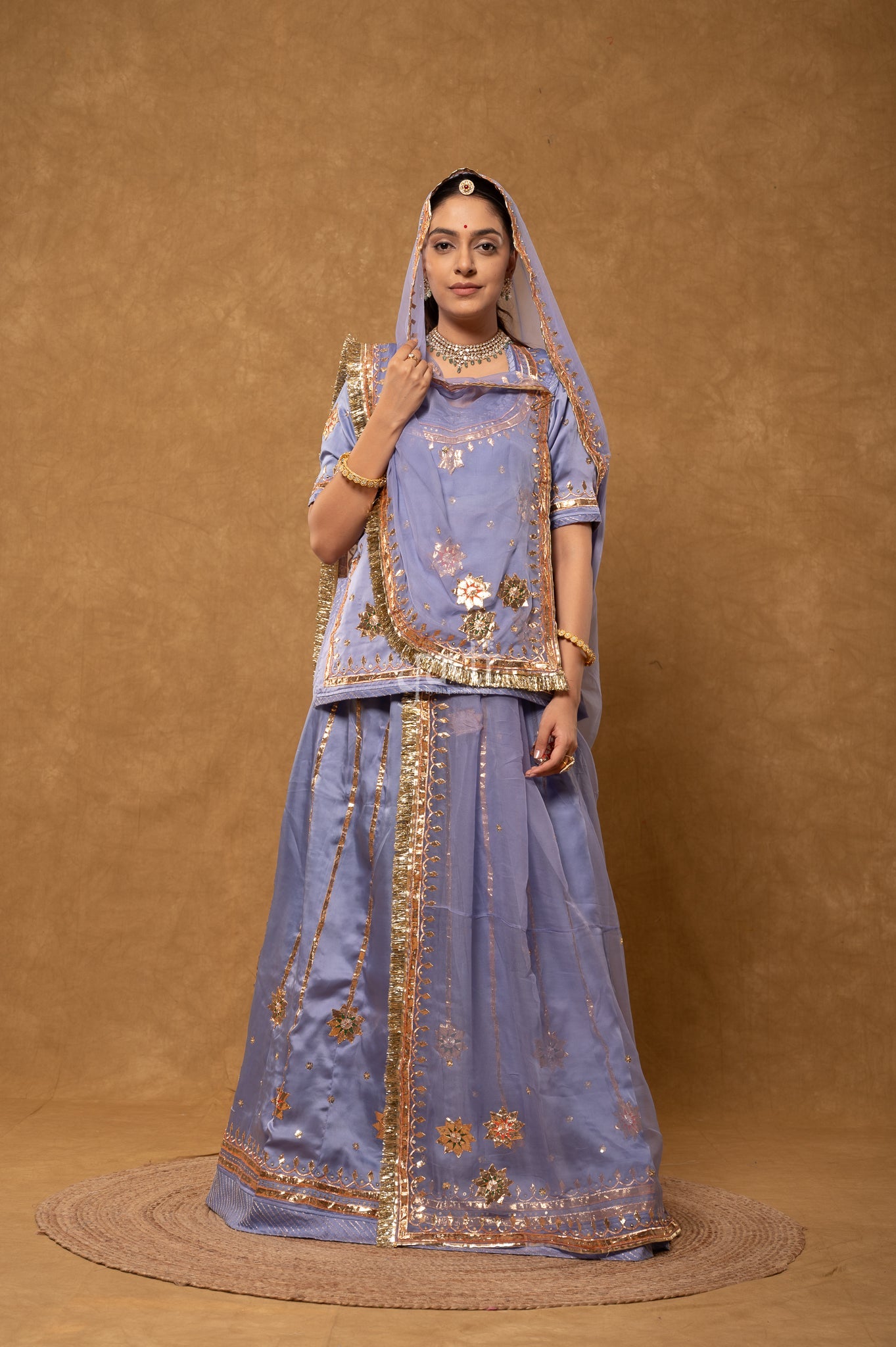 Lavender Bamber Satin Gotta Patti Laffi Sequins Handwork  Poshak with Pure Odhana (unstitched)