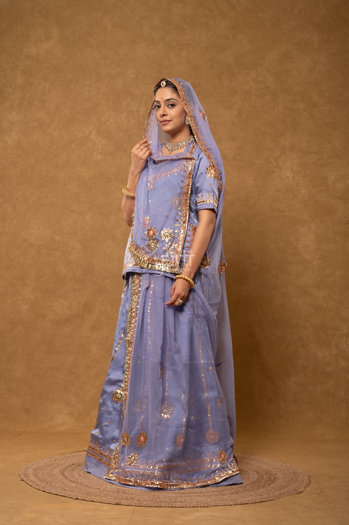 Lavender Bamber Satin Gotta Patti Laffi Sequins Handwork  Poshak with Pure Odhana (unstitched)