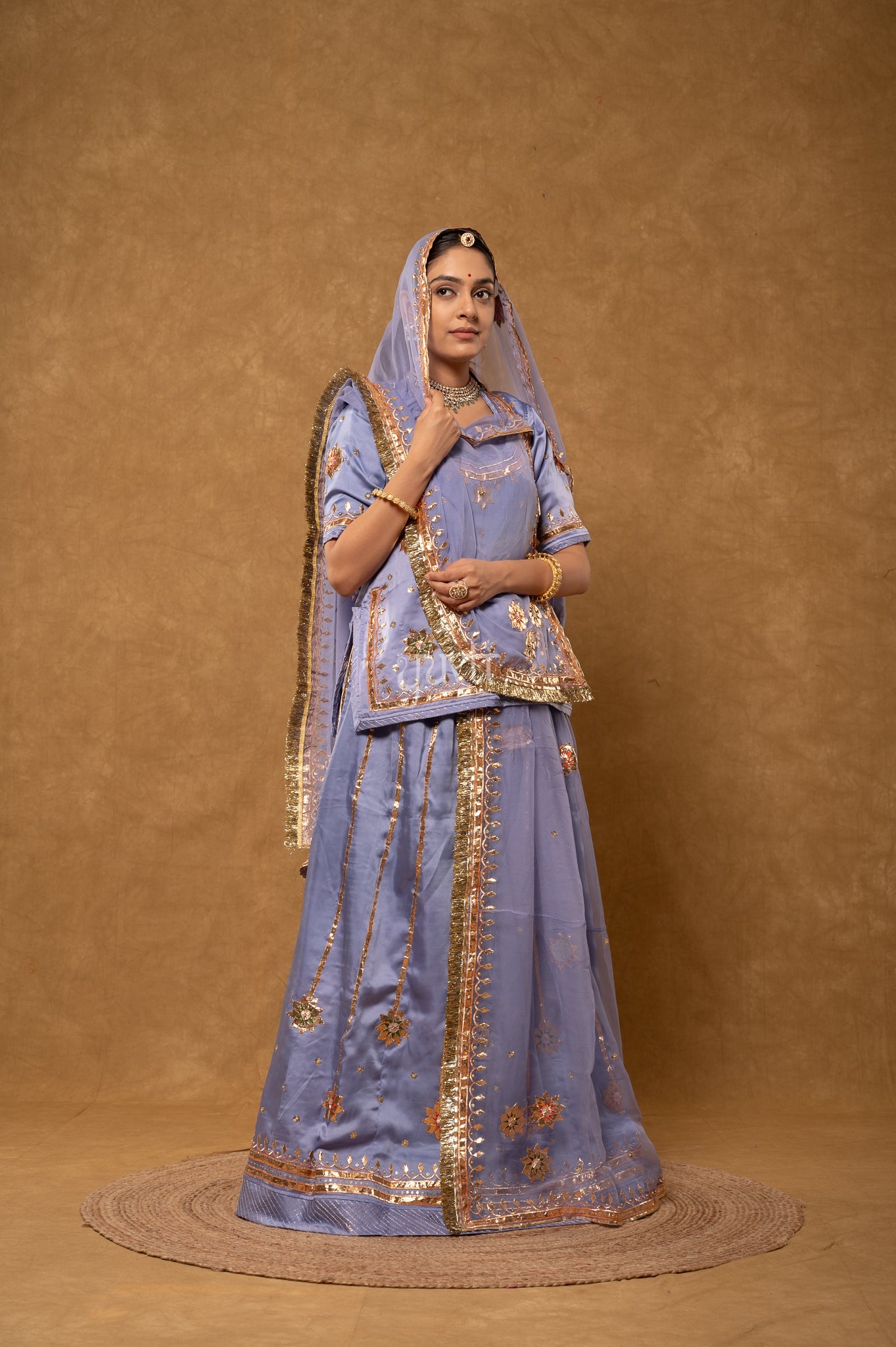 Lavender Bamber Satin Gotta Patti Laffi Sequins Handwork  Poshak with Pure Odhana (unstitched)