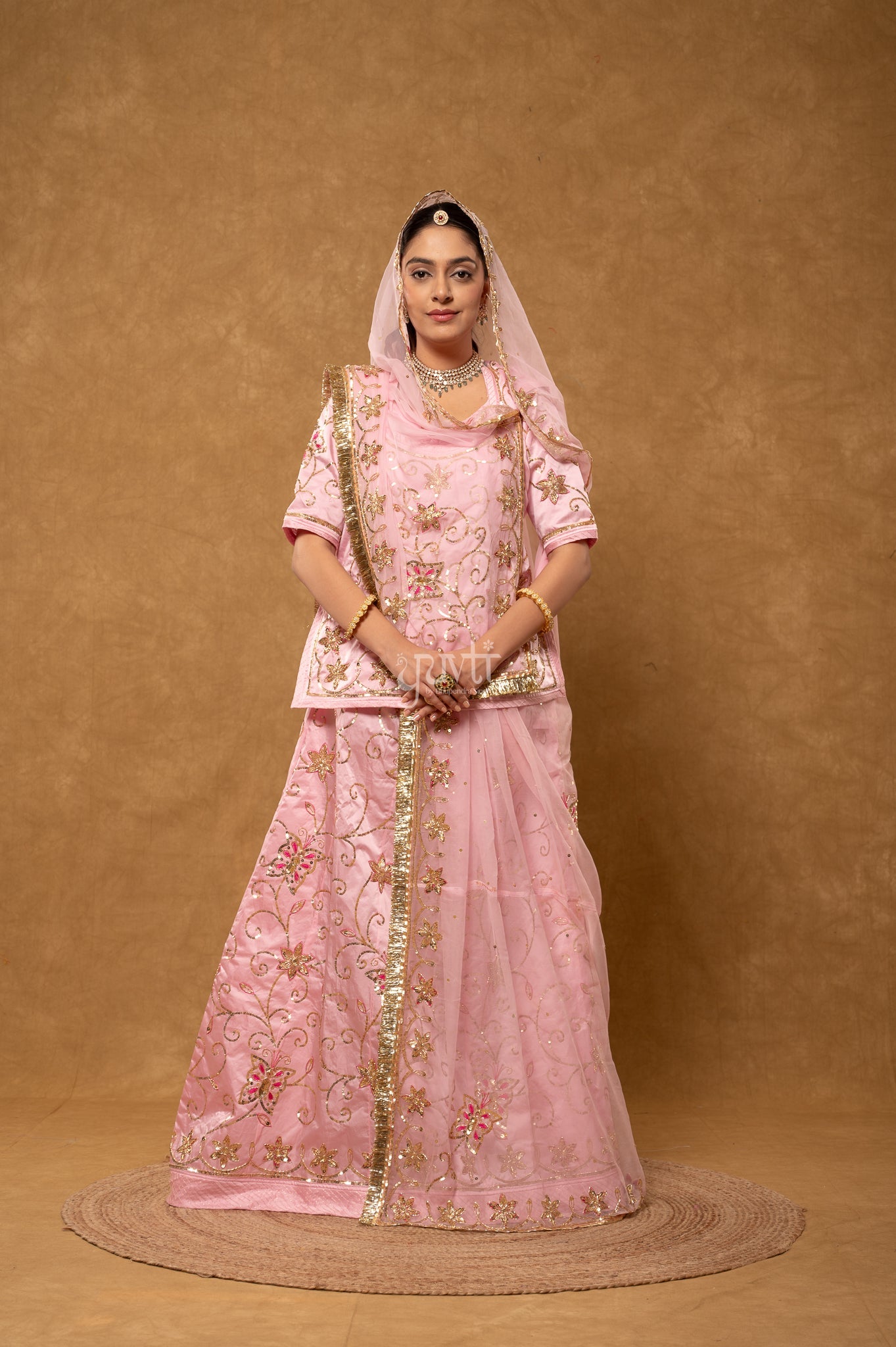 Baby Pink Bamber Satin Zardozi Sequins Handwork  Poshak with Pure Odhana (unstitched)