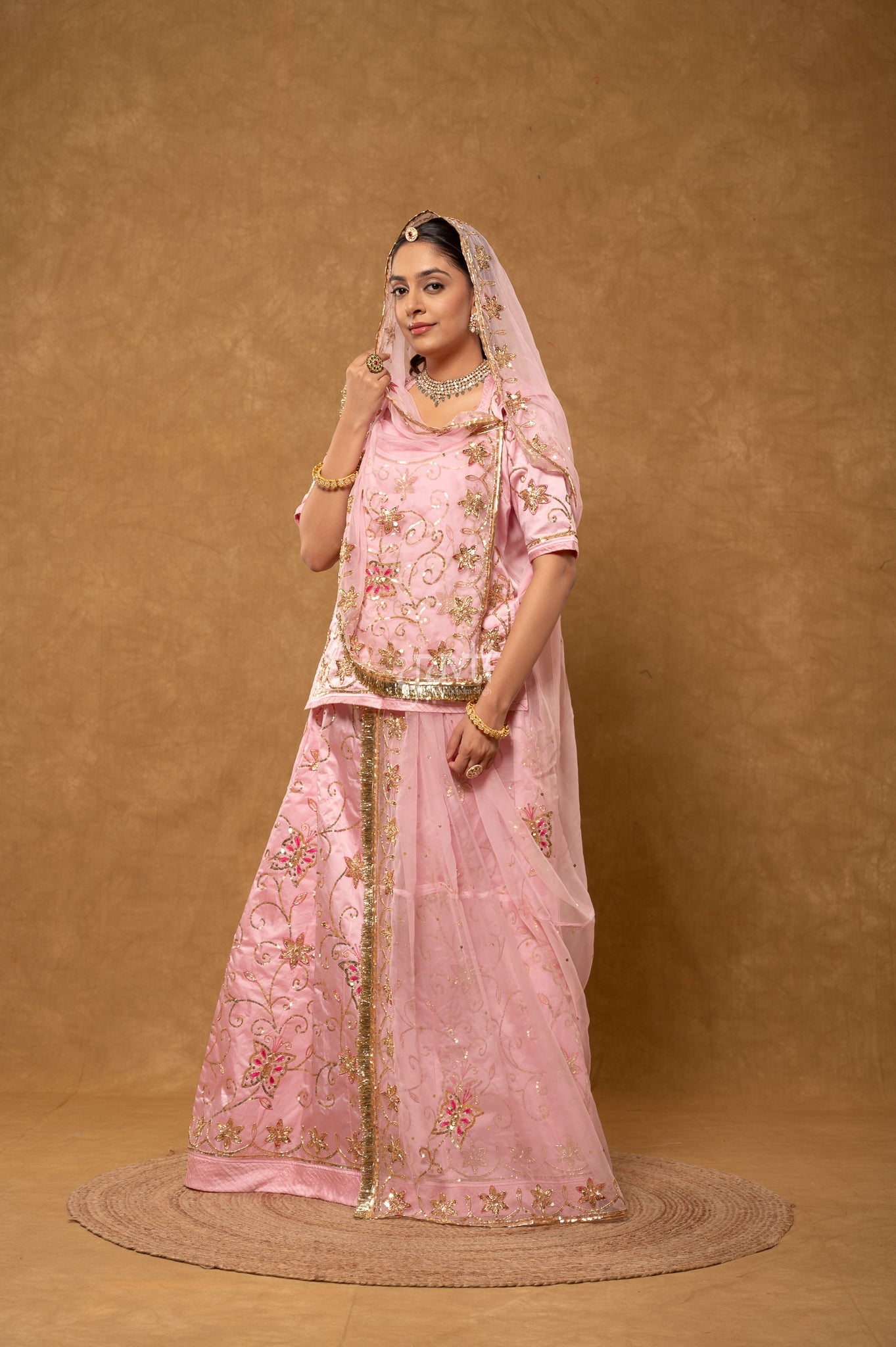Baby Pink Bamber Satin Zardozi Sequins Handwork  Poshak with Pure Odhana (unstitched)